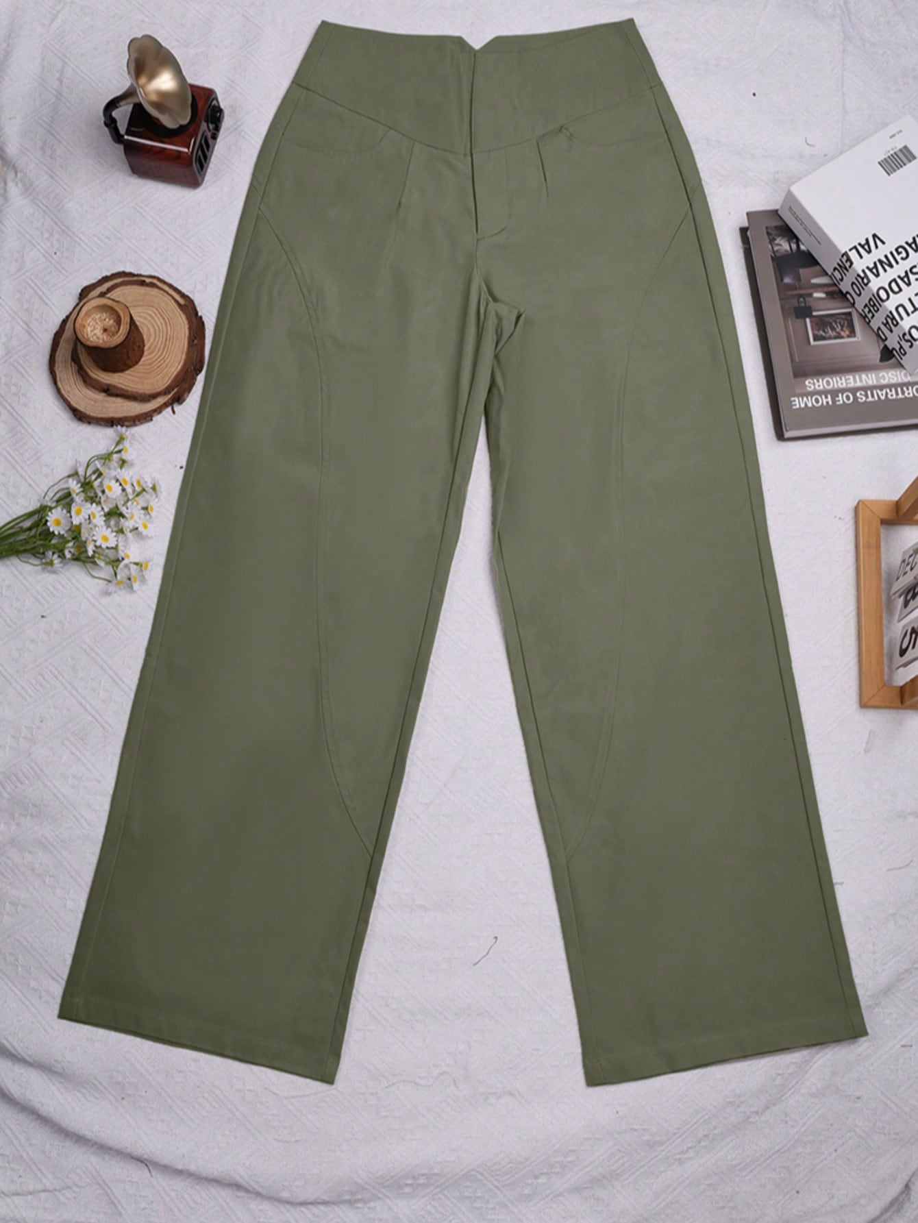 Women's High Waist Wide Leg Trousers Army Green Loose Fit Casual Wear