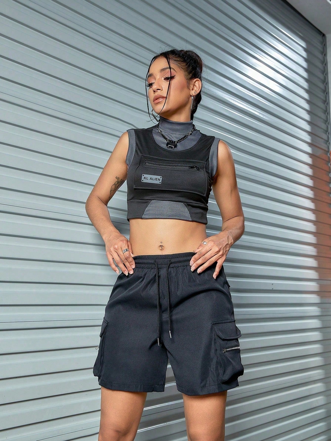 Women's Black Elastic Waist Cargo Shorts with Zip Pockets
