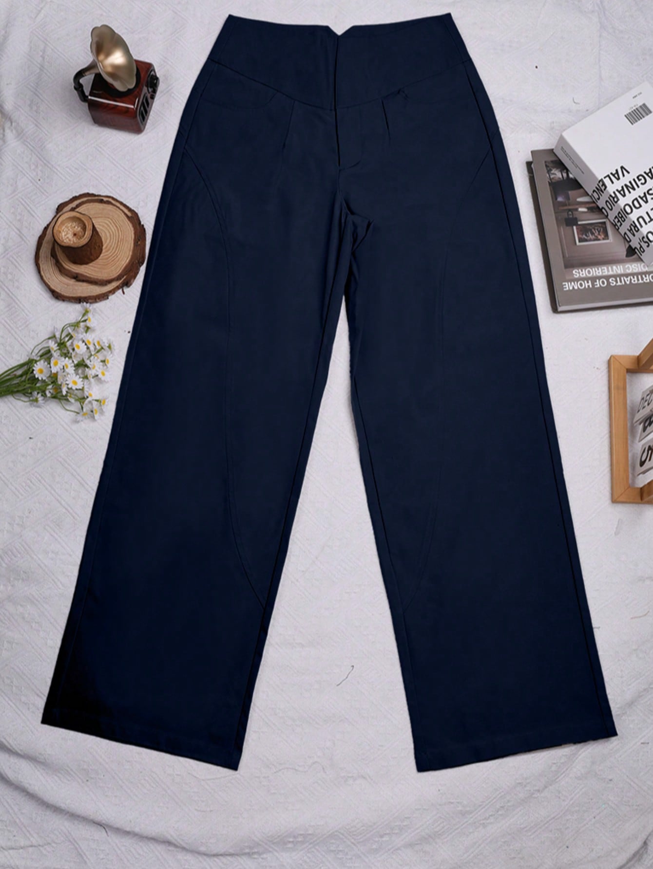 Women's Apperloth Navy Blue High Waist Wide Leg Trousers Women Elegant Office Pants