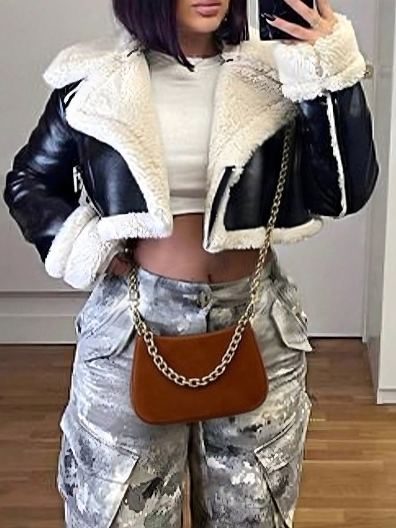 Women's Black PU Leather Cropped Jacket with Faux Fur Trim Winter Biker Coat