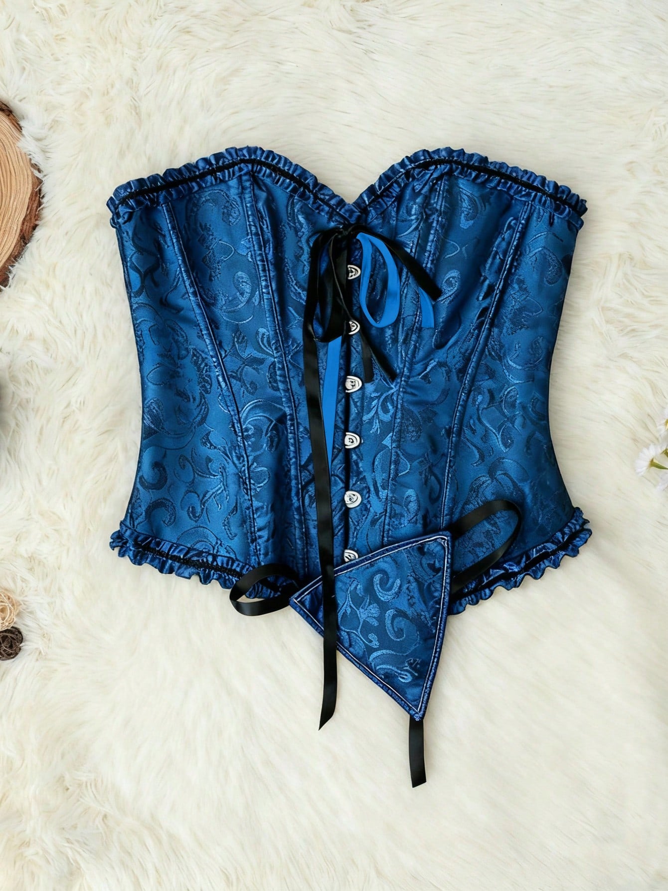 Women's Royal Blue Jacquard Ruffle Trim Overbust Corset Bustier