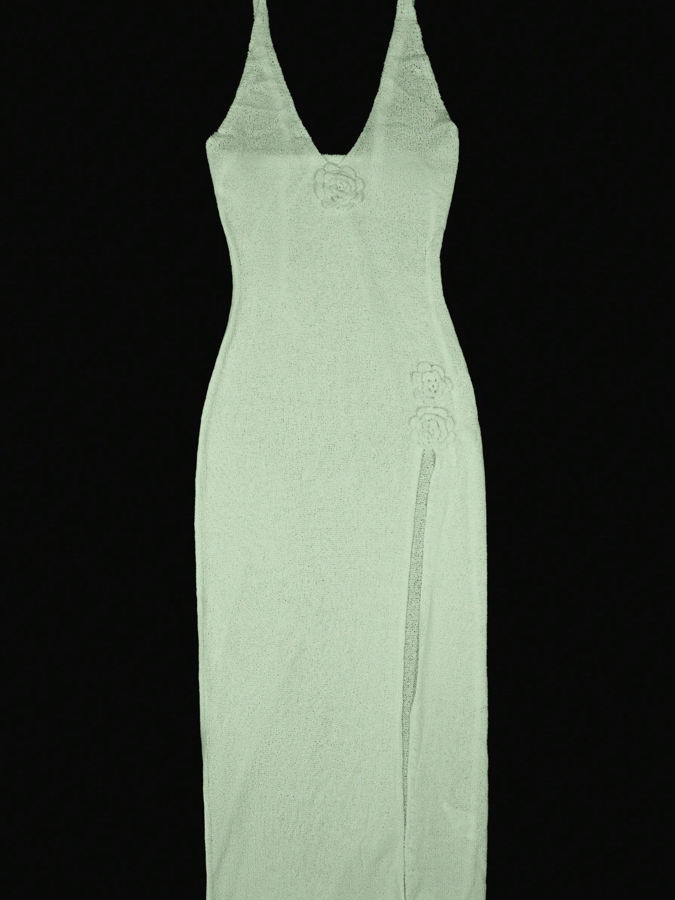 Women's Flower Embellished Halter Maxi Dress Side Slit Knit Bodycon