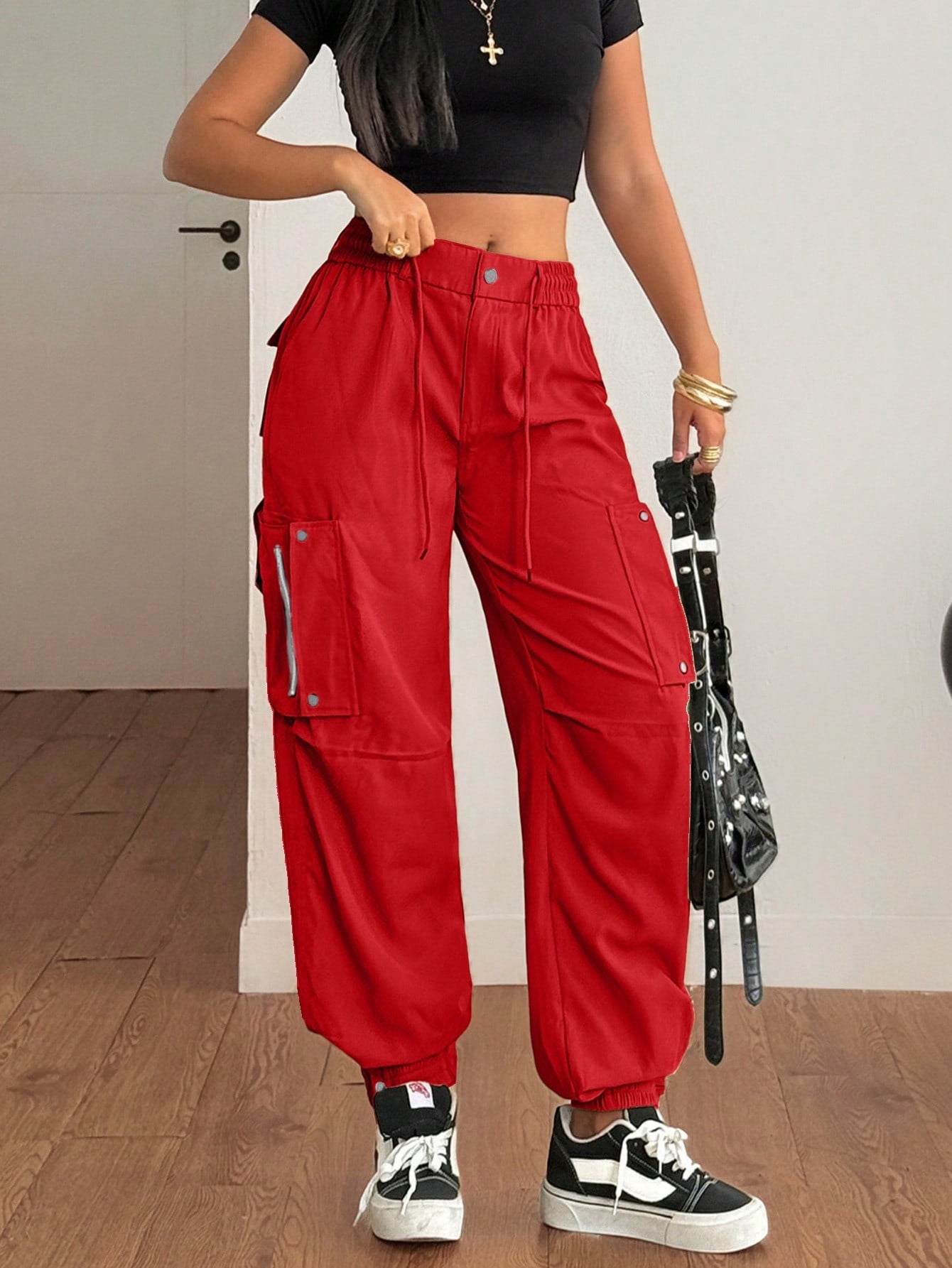 Women's Red High Waist Cargo Pants Multi-Pocket Zip Detail Joggers Wholesale