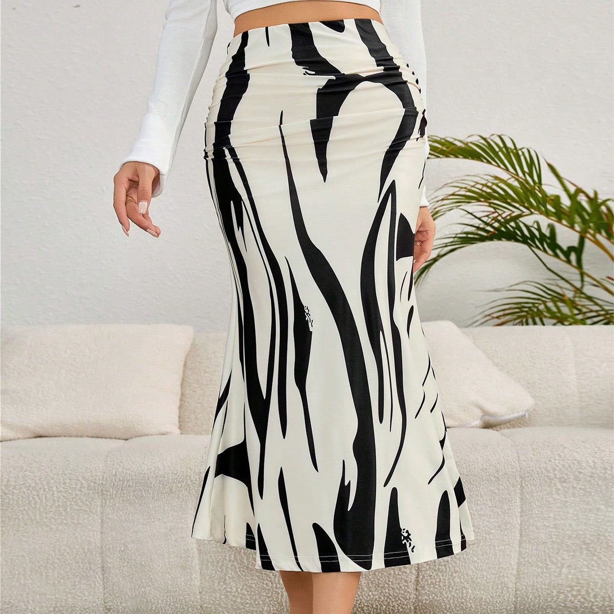 Women's Zebra Print Mermaid Maxi Skirt High Waist Ruched Detail