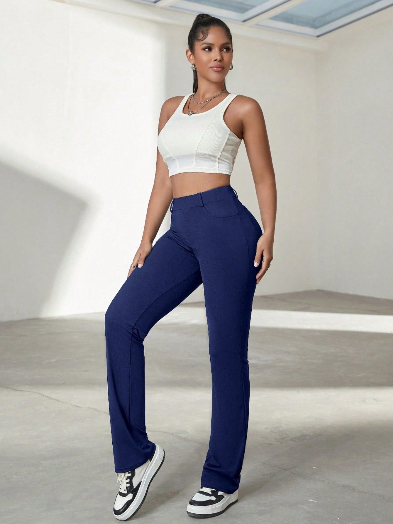 Women's Navy Blue High-Waisted Flare Yoga Pants with Bootcut Leg