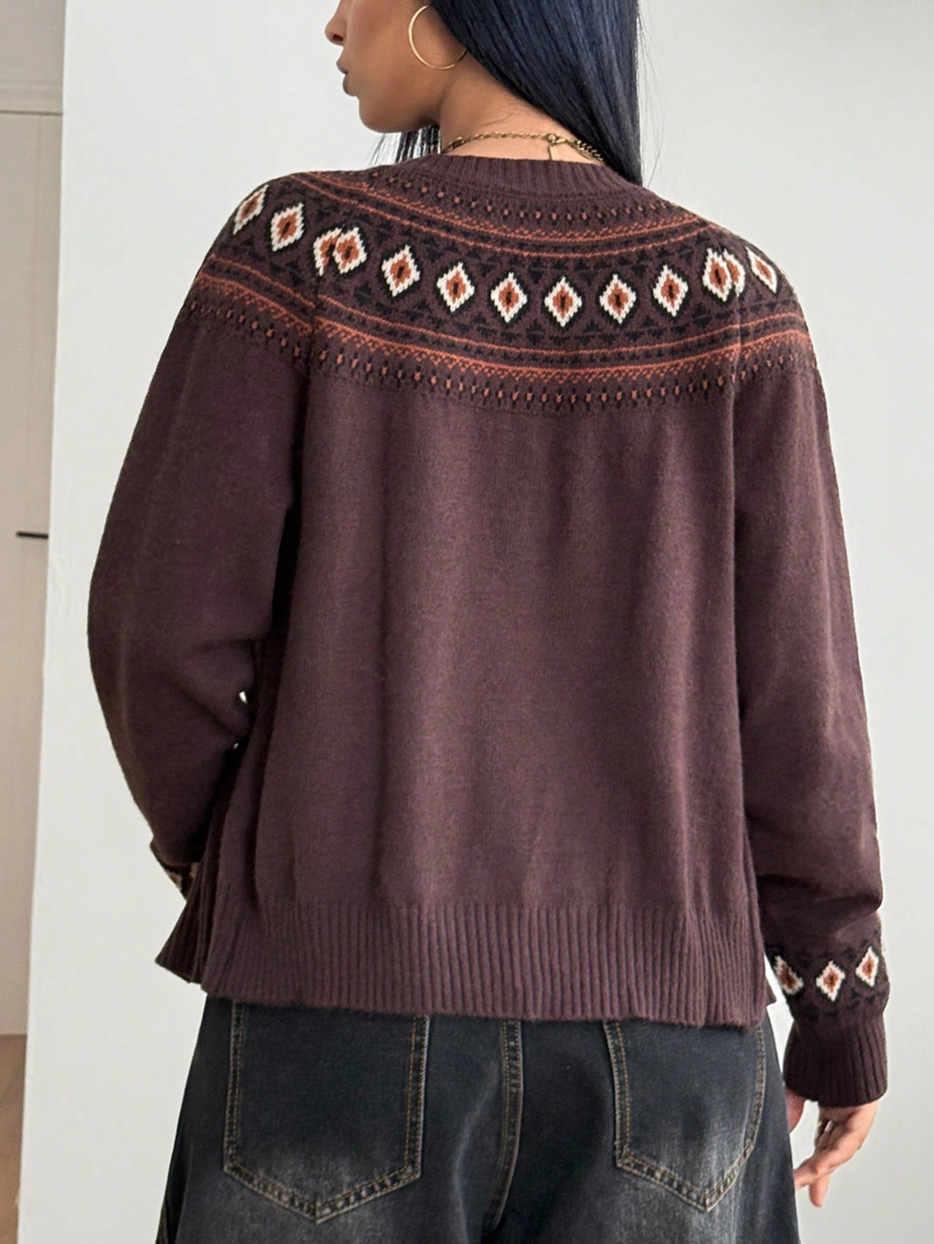 Women's Dark Brown Fair Isle Button-Up Cardigan Sweater
