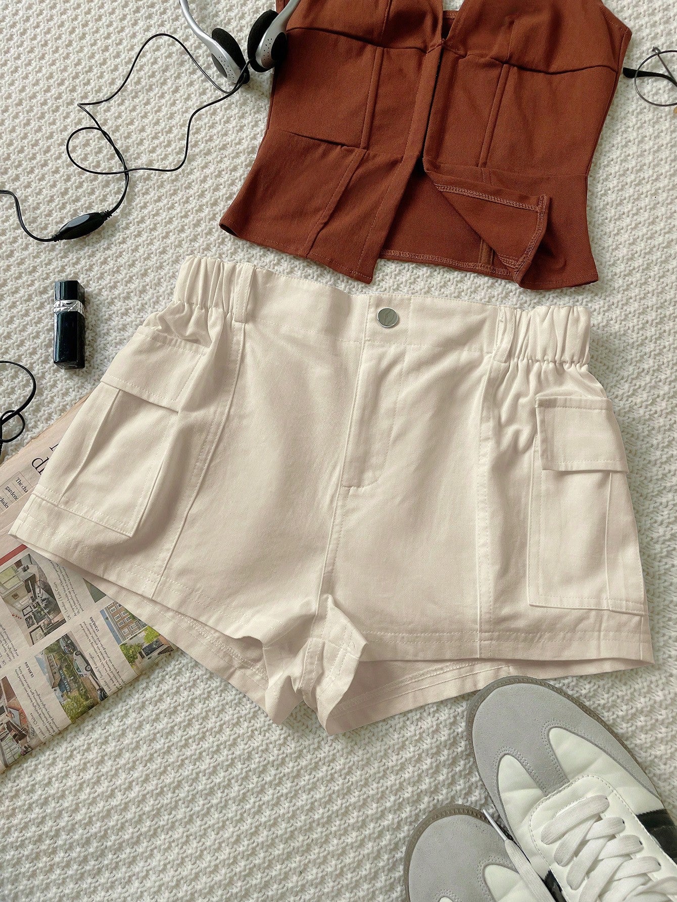 Women's Beige Low Rise Ruched Cargo Micro Shorts
