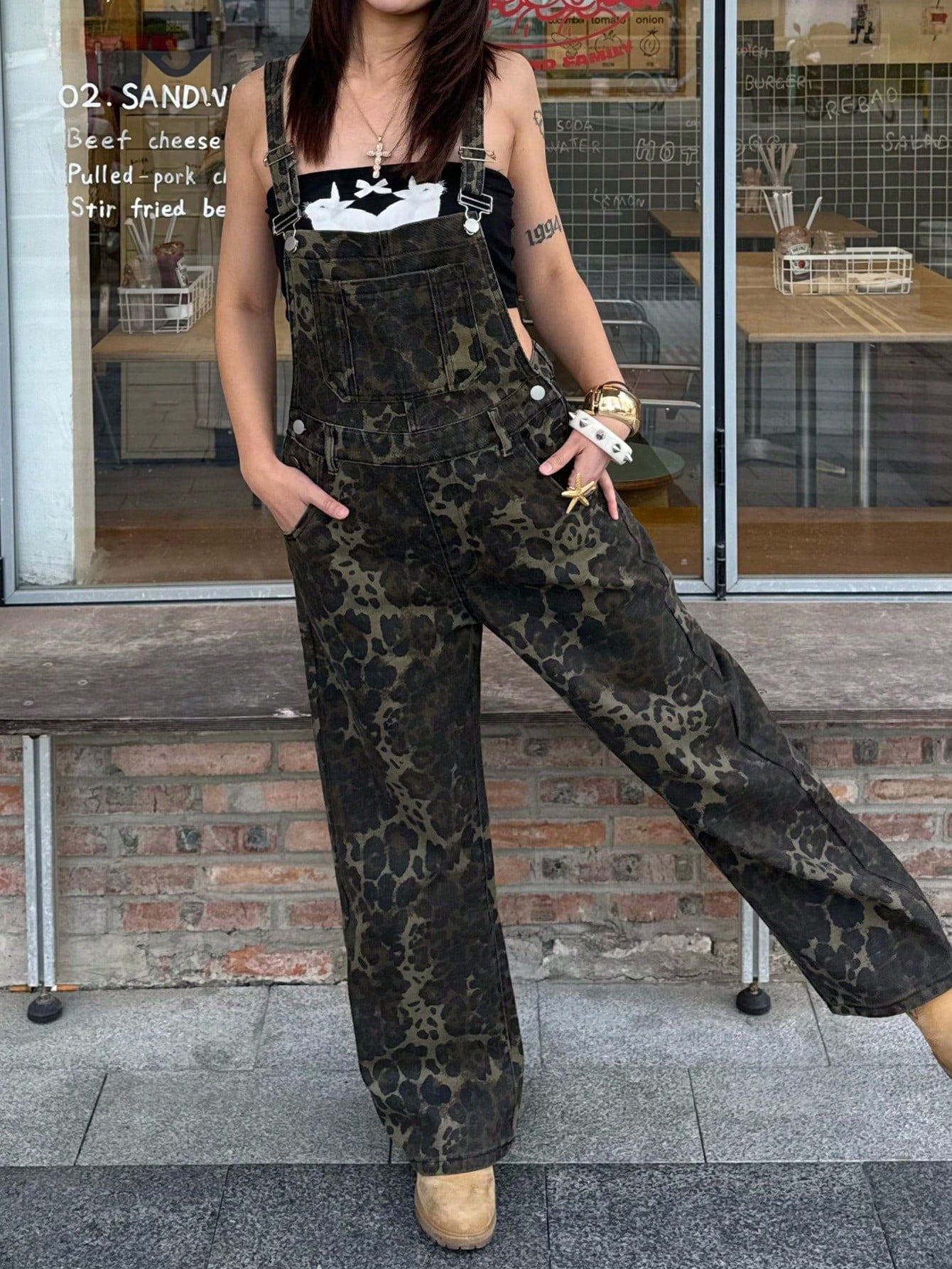 Women's Leopard Print Denim Overalls Loose Fit Wide Leg Jumpsuit Streetwear