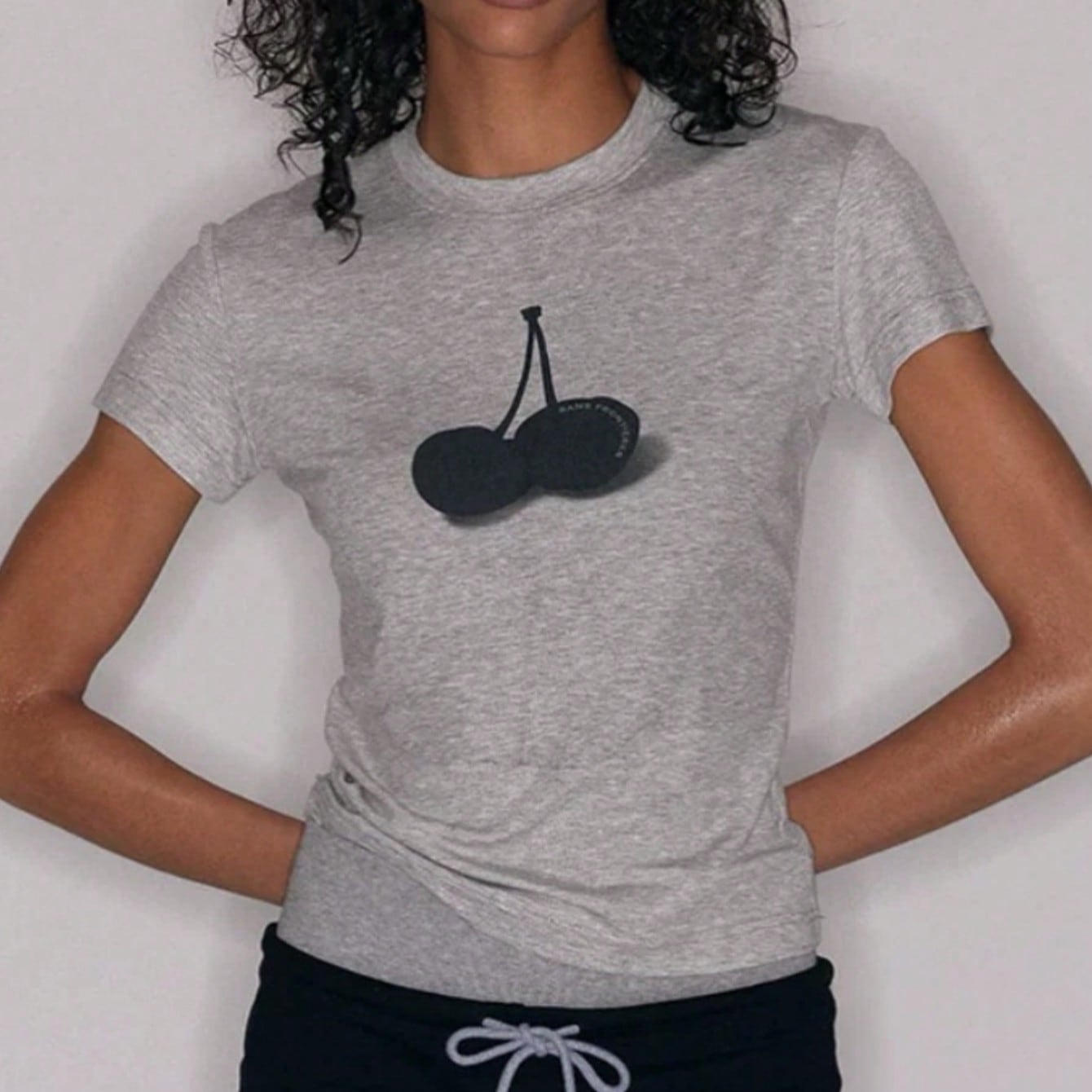 Women's Grey Viscose Blend Slim Fit Cherry Graphic Short Sleeve T-Shirt
