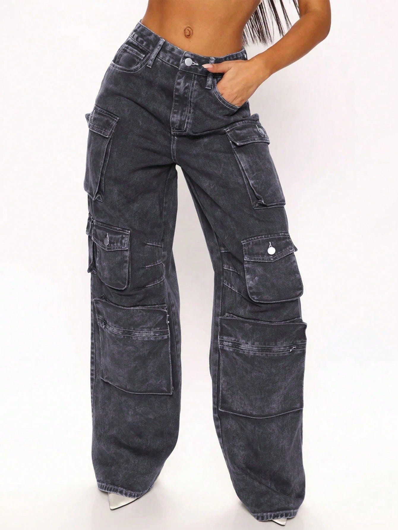 Women's Smoke Black Denim Full-length wide-leg jeans with wide-leg