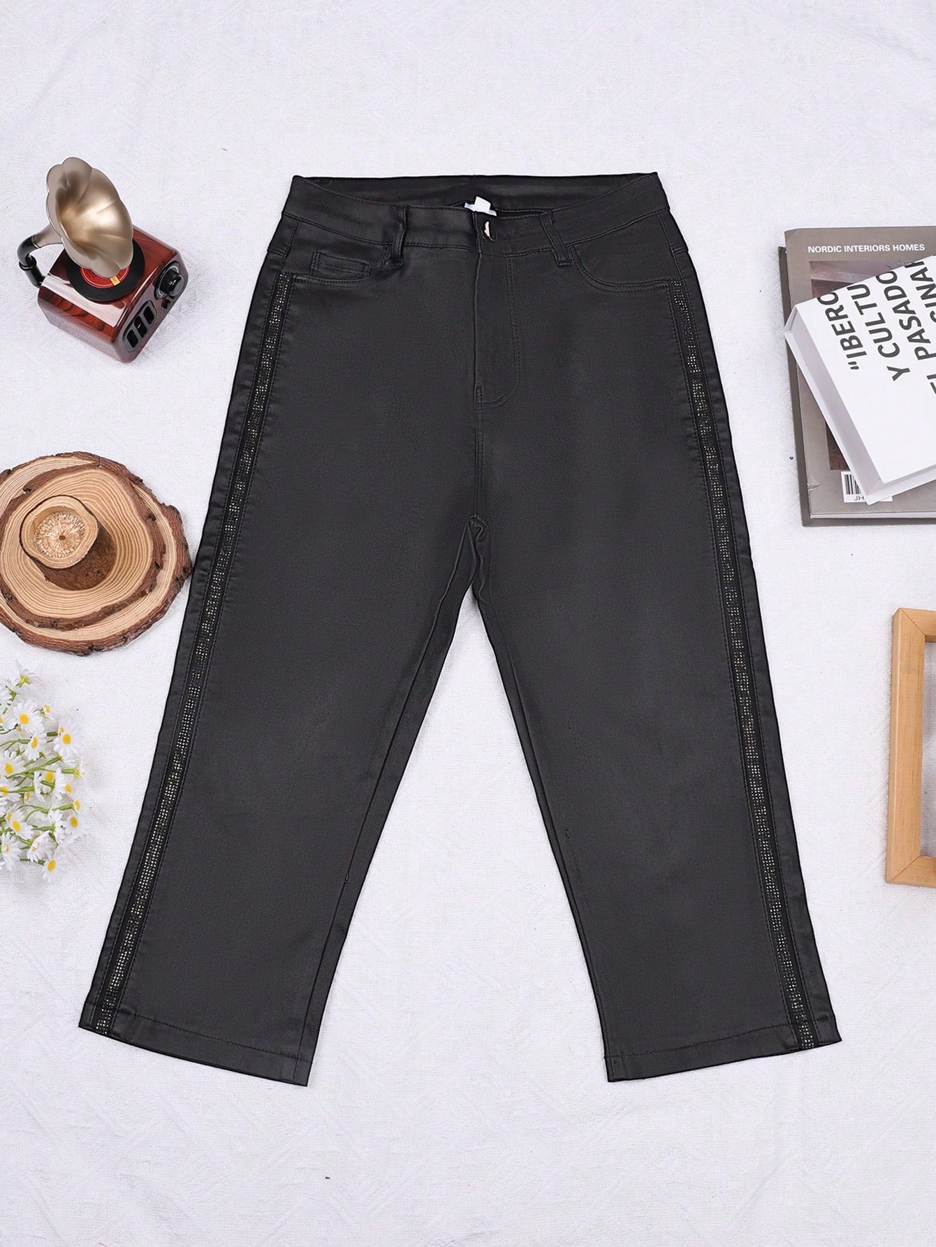 Women's Black Faux Leather Cropped Flare Pants with Glittery Side Stripe