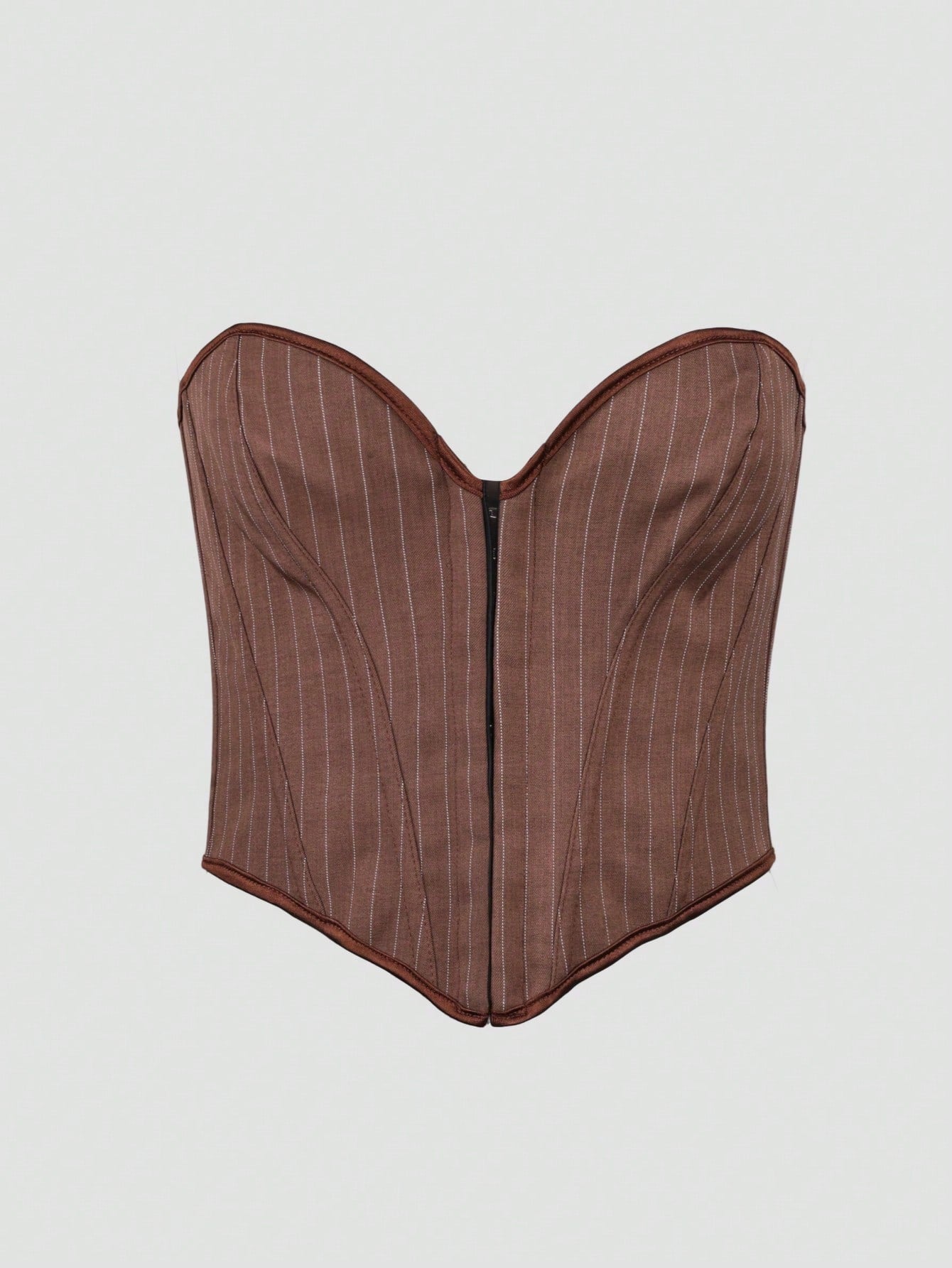 Women's Brown Pinstripe Boned Corset Top with Hook and Eye Closure