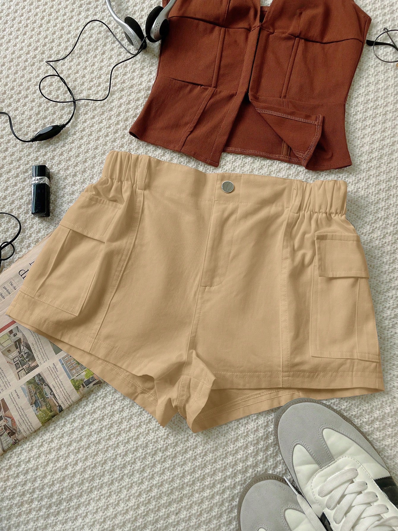 Apricot Low Rise Ruched Multi-Pocket Cargo Mini Shorts