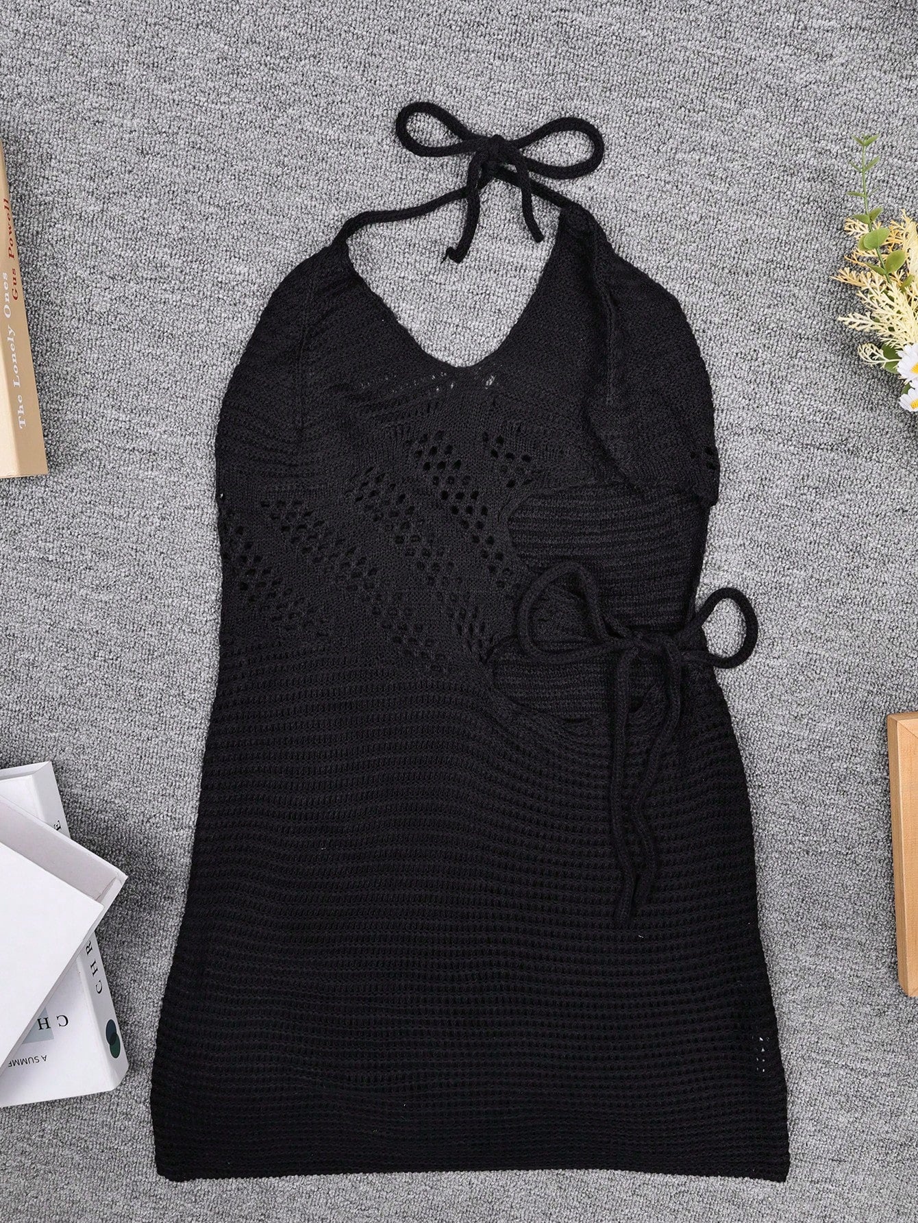 Women's Crochet Halter Mini Dress Hollow Out Backless Beachwear