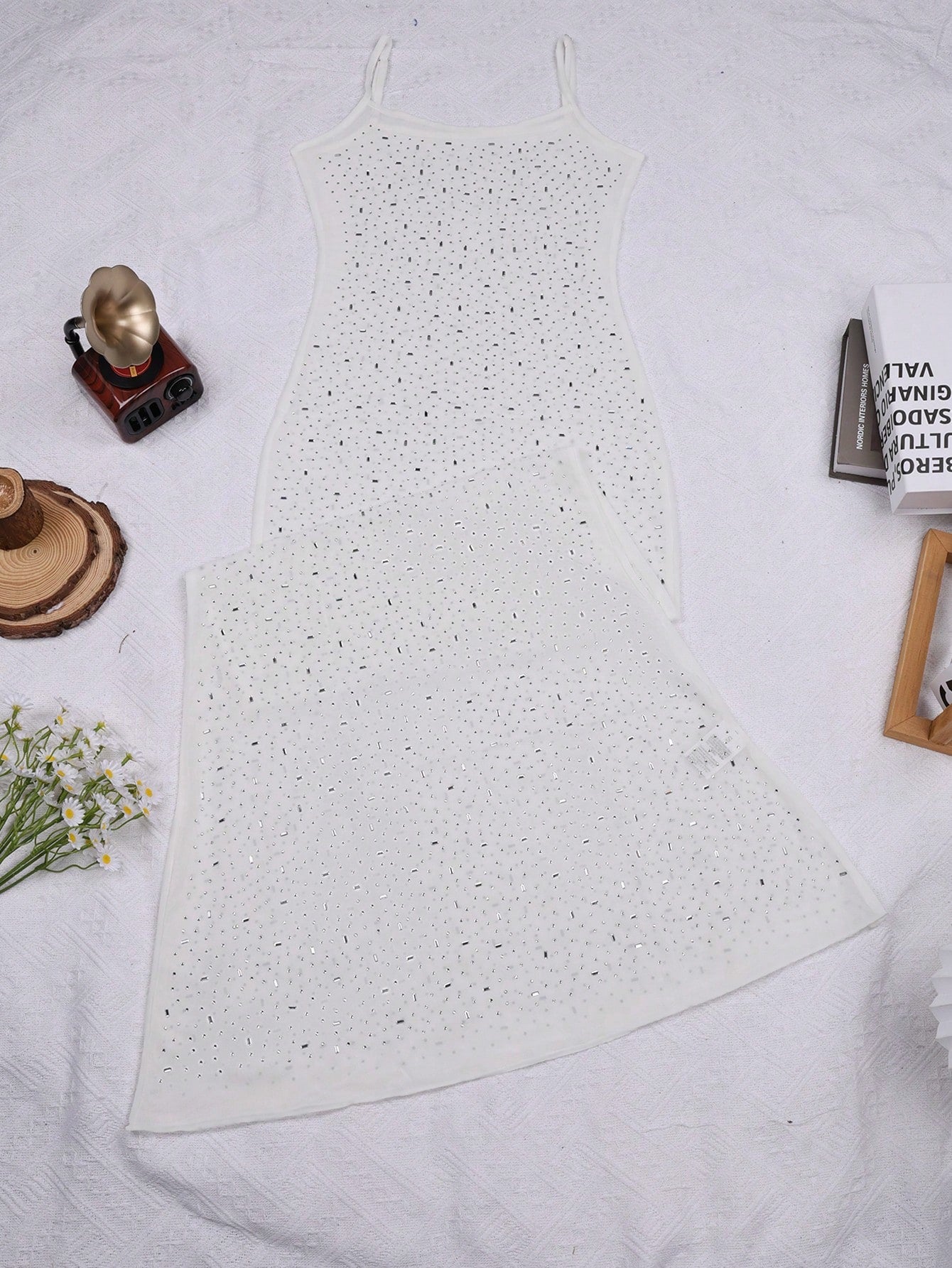 Women's White Sheer Mesh Rhinestone Bodycon Maxi Dress with Spaghetti Straps
