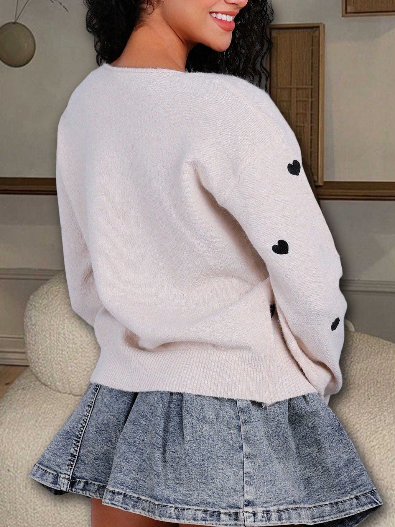 Women's Charming Apricot Knit Cardigan with Black Heart Embroidery and Tie-Front