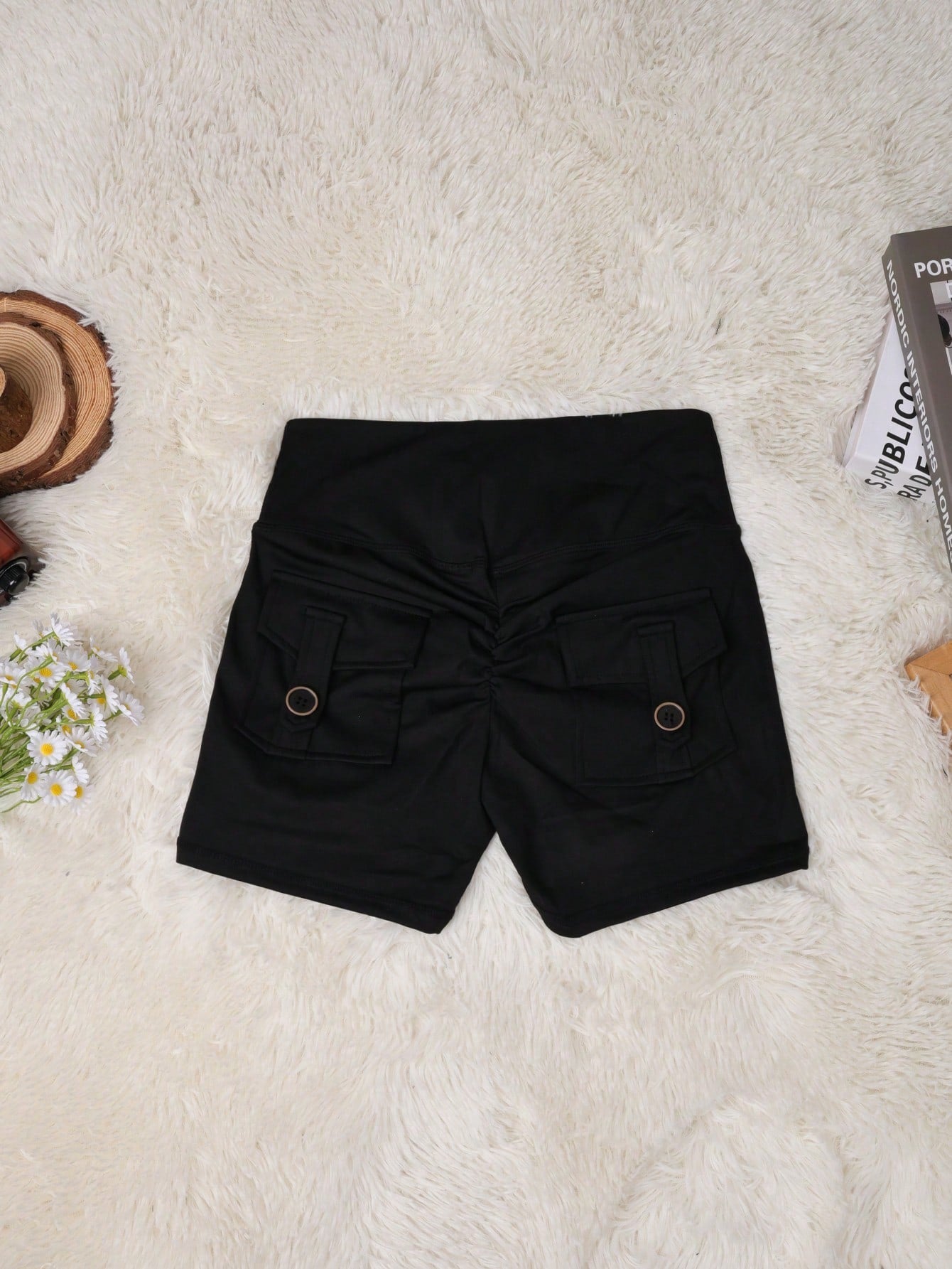 Women's Black High-Waisted Athletic Cargo Shorts