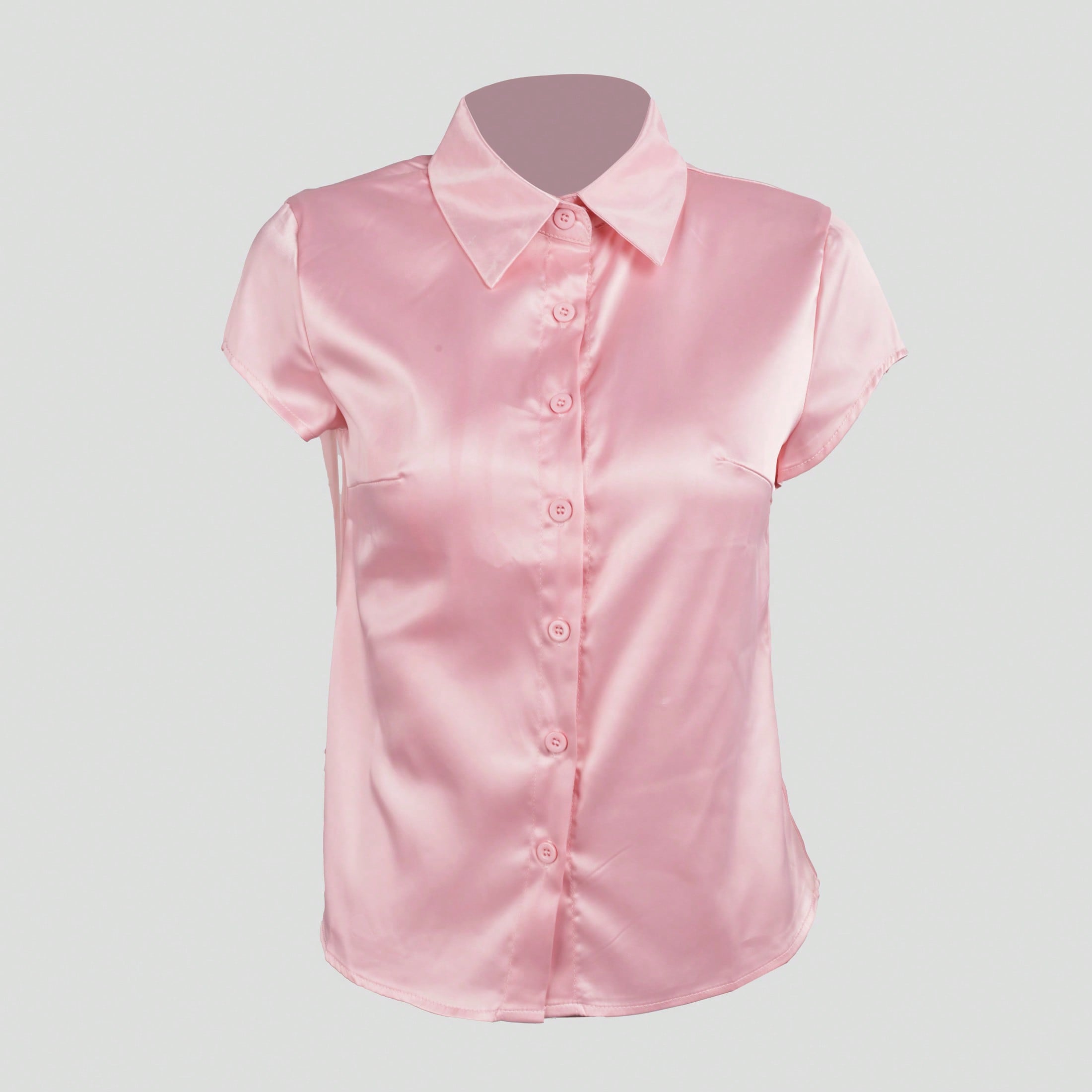 Women's Women Pink Satin Short Sleeve Button Up Shirt Elegant Office Blouse
