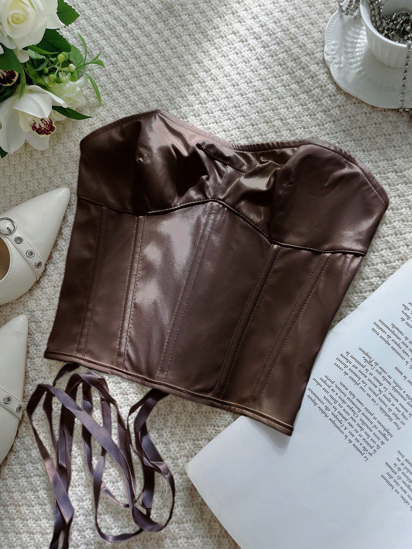 Women's Coffee Brown Faux Leather Bustier corset top with strapless