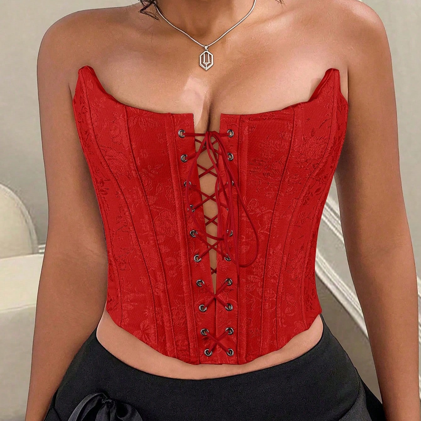 Women's Red Lace-Up Floral Corset Top