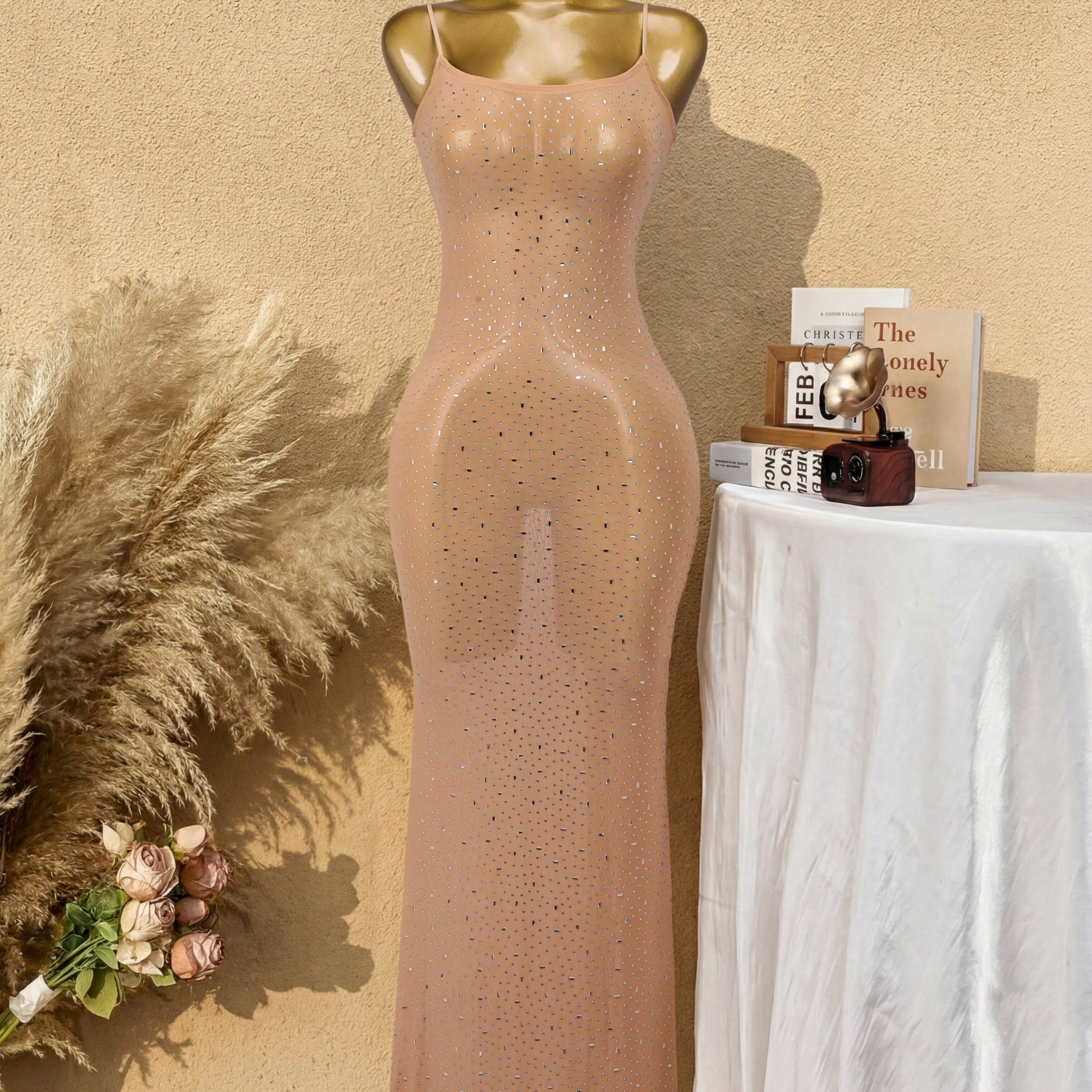 Women's Apricot Sheer Mesh Rhinestone Bodycon Maxi Dress with Spaghetti Straps