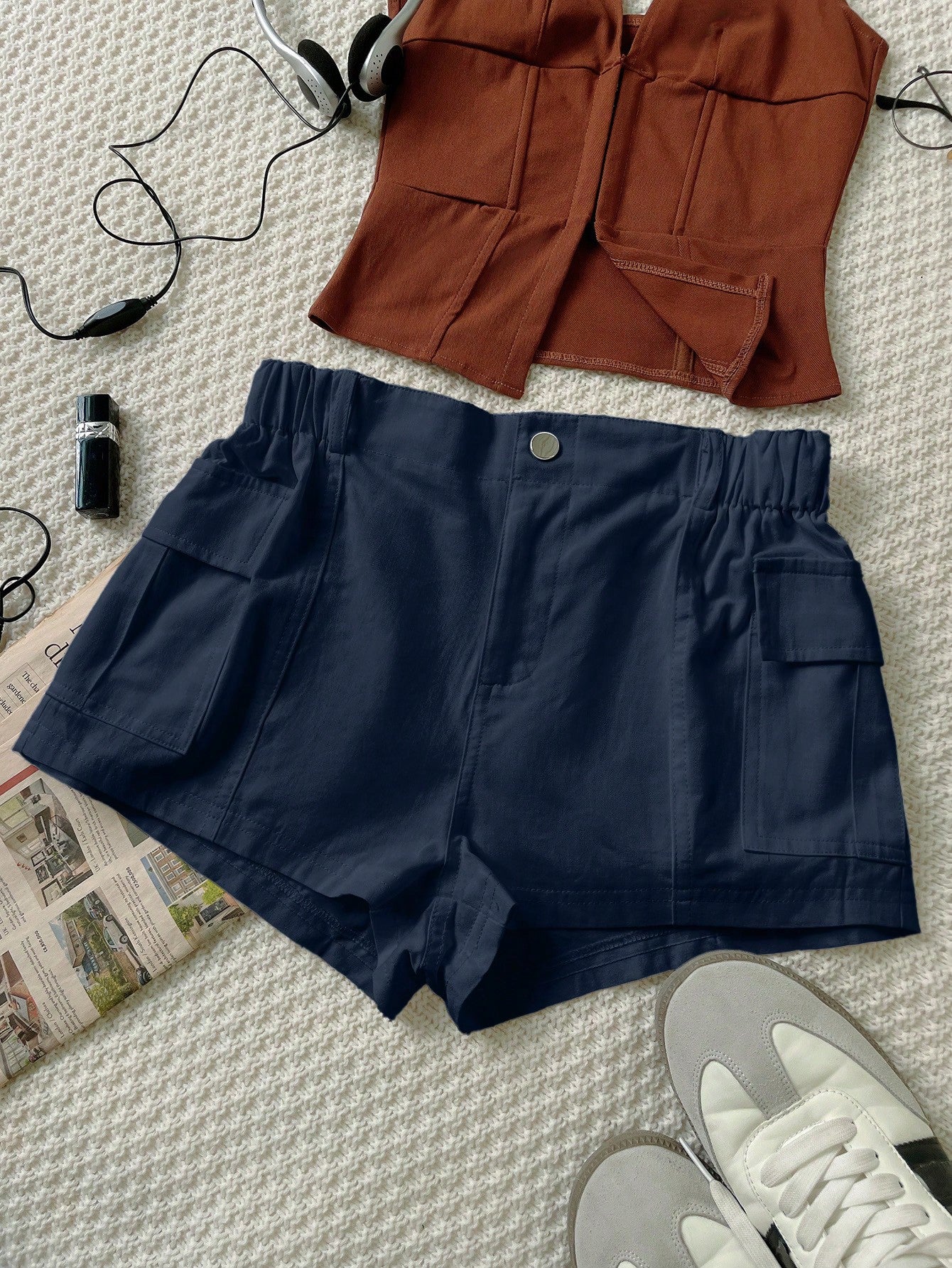 Women's Women Navy Blue Casual Cargo Shorts with Pockets Stretchy Mini Shorts
