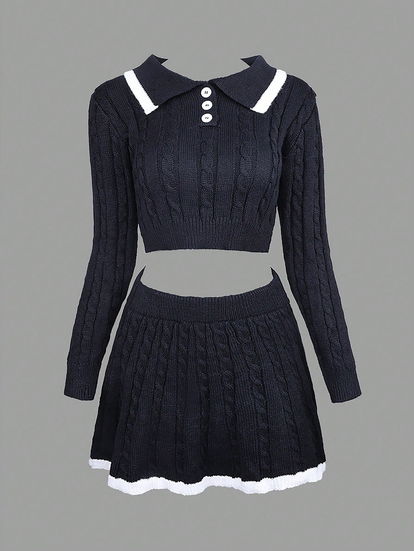 Women's Black Velvet Crop Top Skirt Two-Piece Set