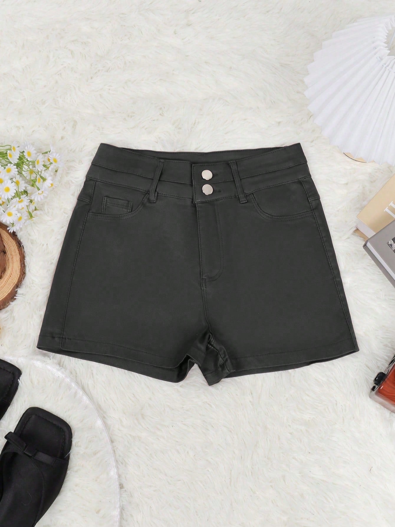 Women's Black Faux Leather High Waisted Mini Shorts