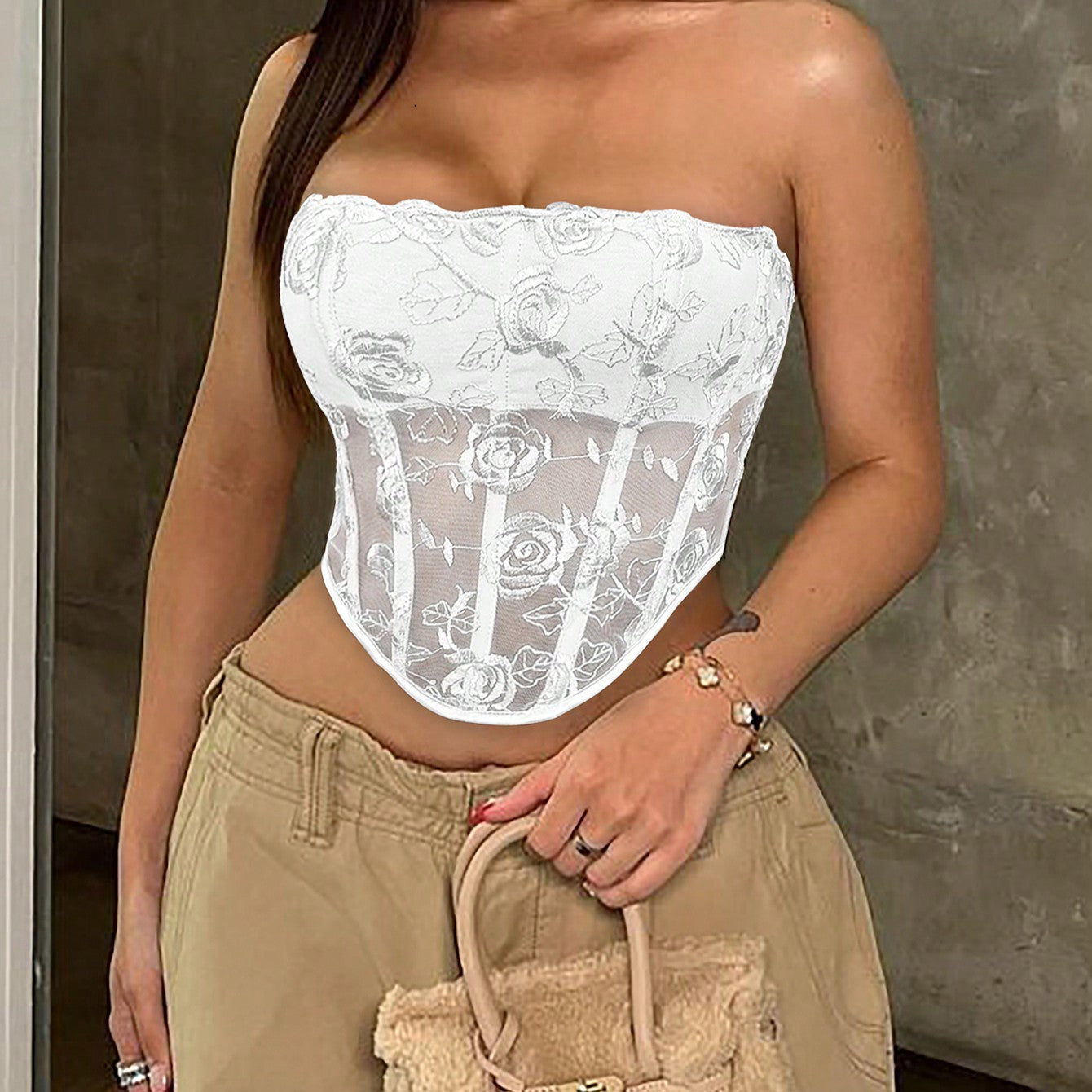 Women's White Mesh Sheer Boned Strapless Corset