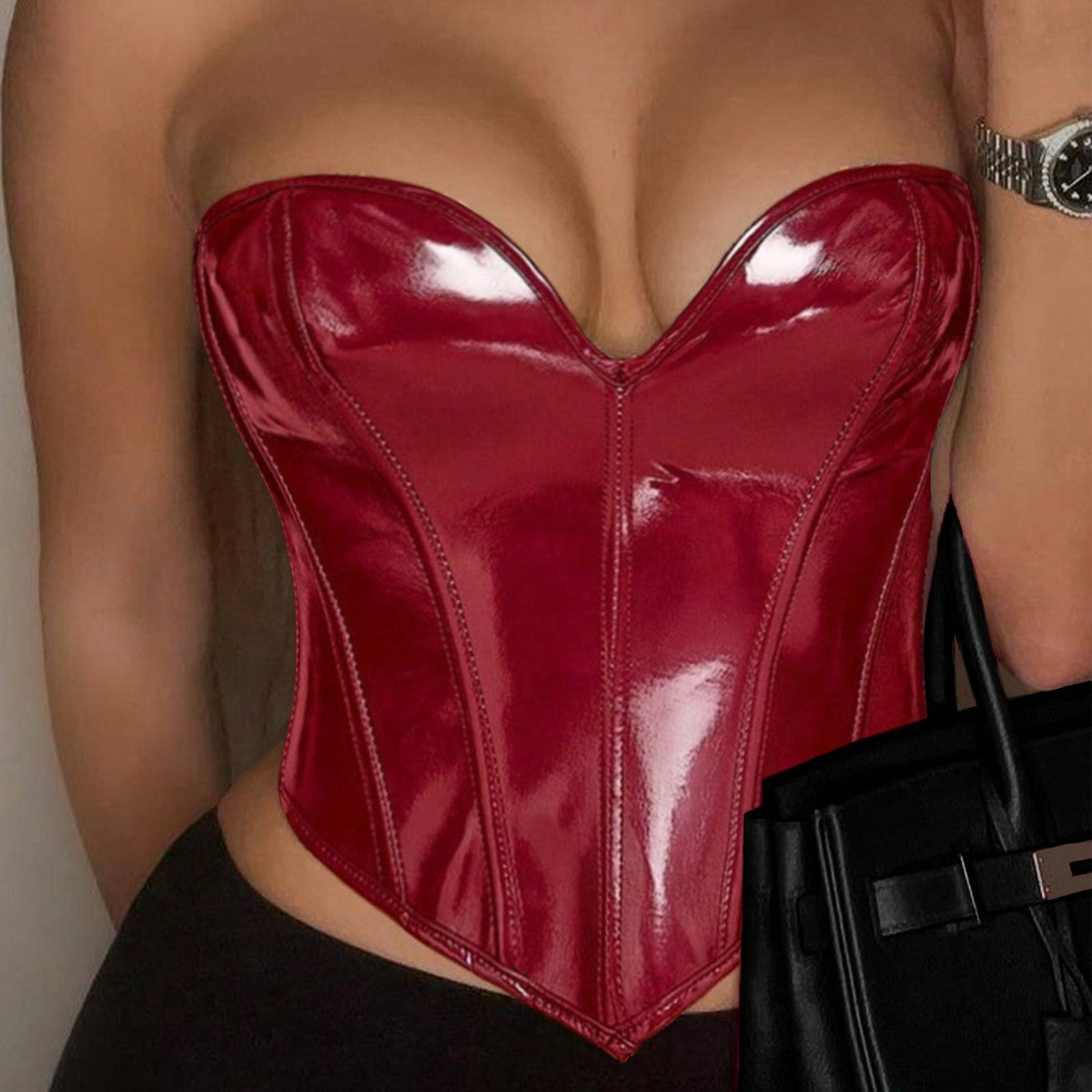 Women's Sexy Wine Red Shiny PU Leather Corset Top Strapless Sweetheart Neck Bodycon Top