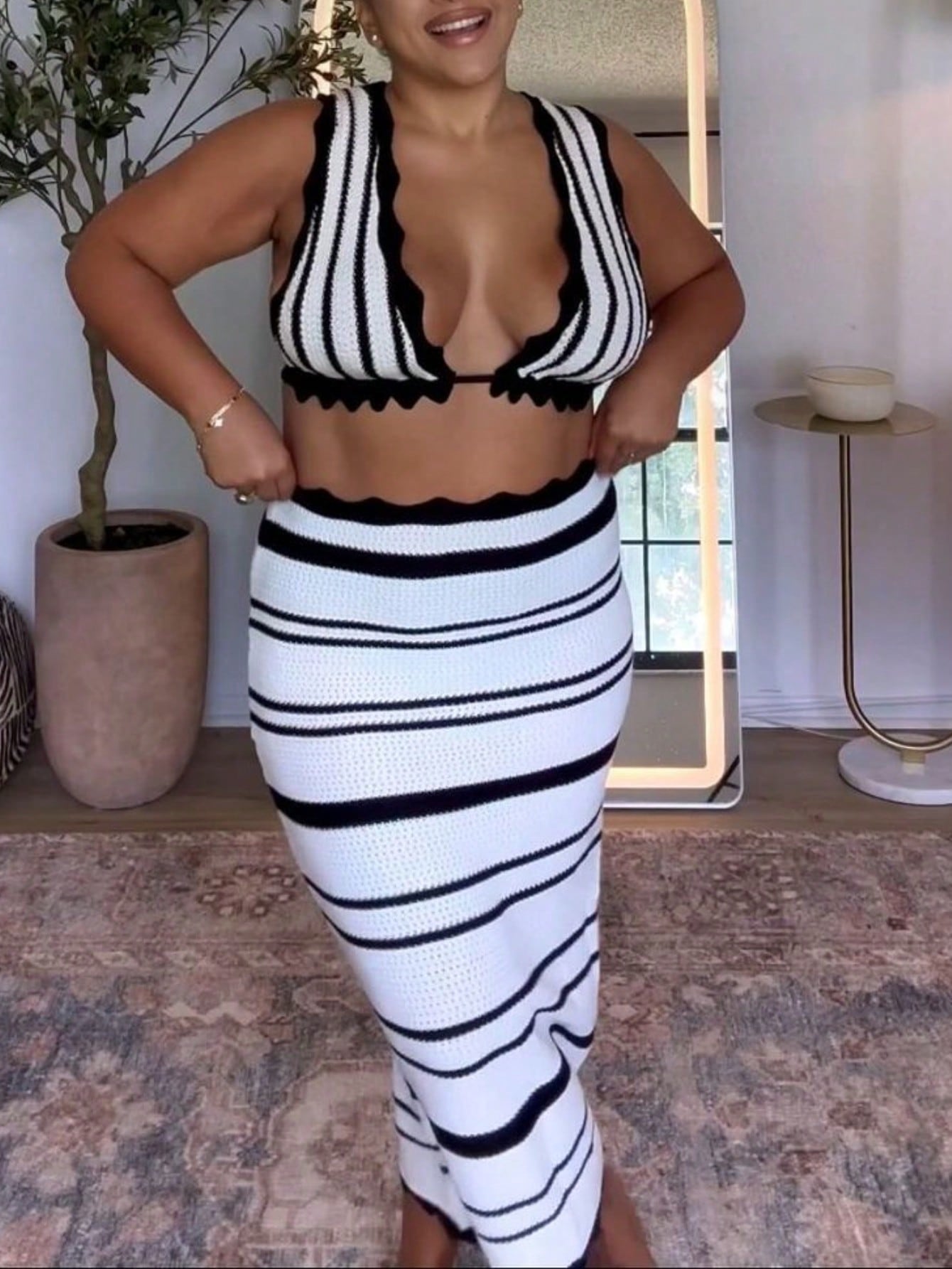 Women's Black & White Contrast Co-ord Set: Round Neck Short-Sleeve Top & A-Line Midi Skirt