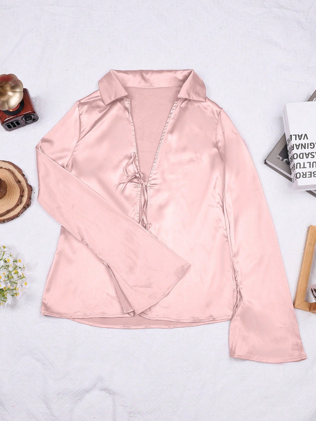 Women's Pink Satin Tie-Front V-Neck Top with Long Sleeves