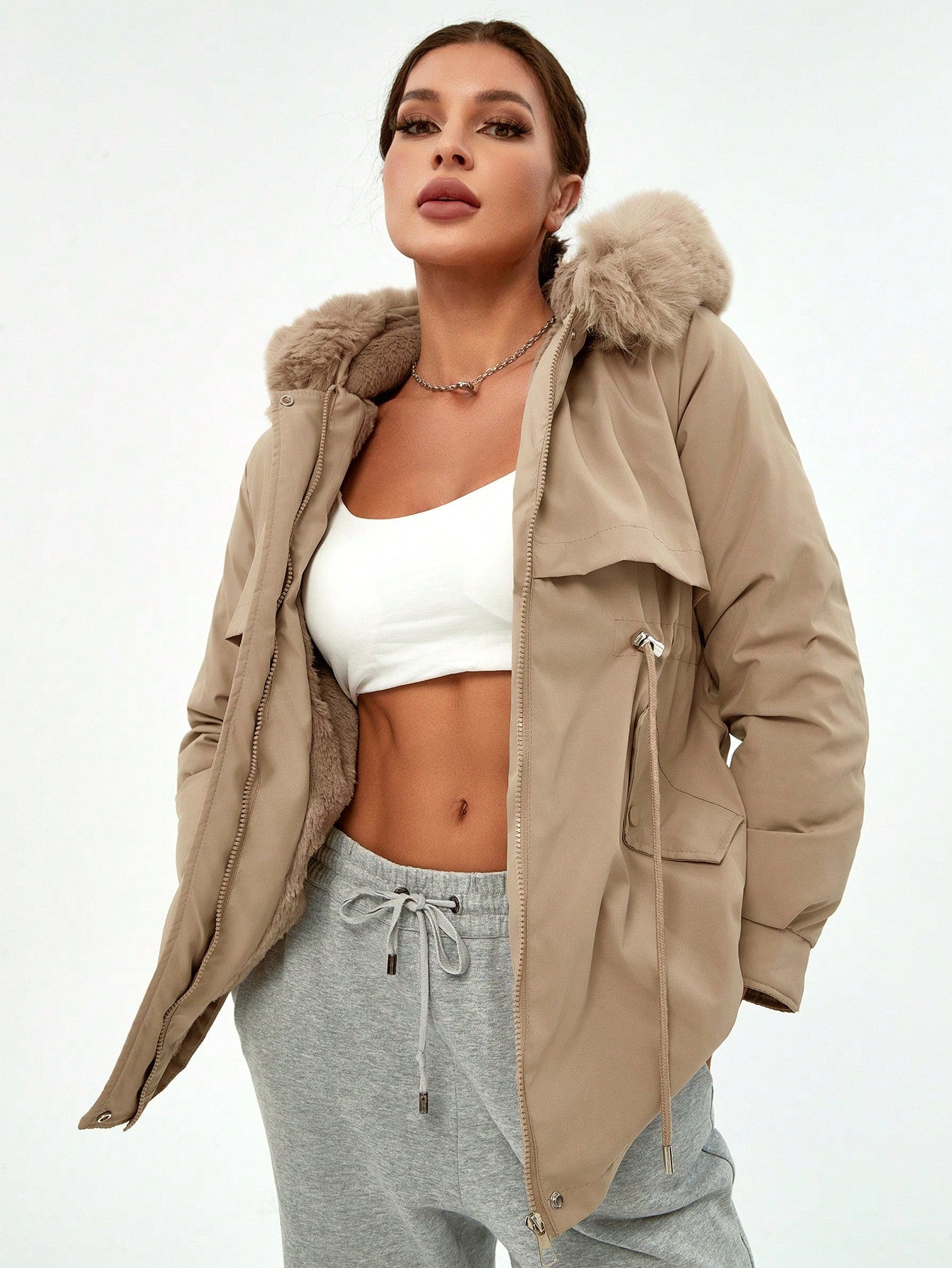 Women's khaki Faux Fur Hooded Puffer Jacket, Casual Warm Winter Outerwear with Trendy Design