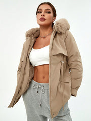 Women's khaki Faux Fur Hooded Puffer Jacket, Casual Warm Winter Outerwear with Trendy Design