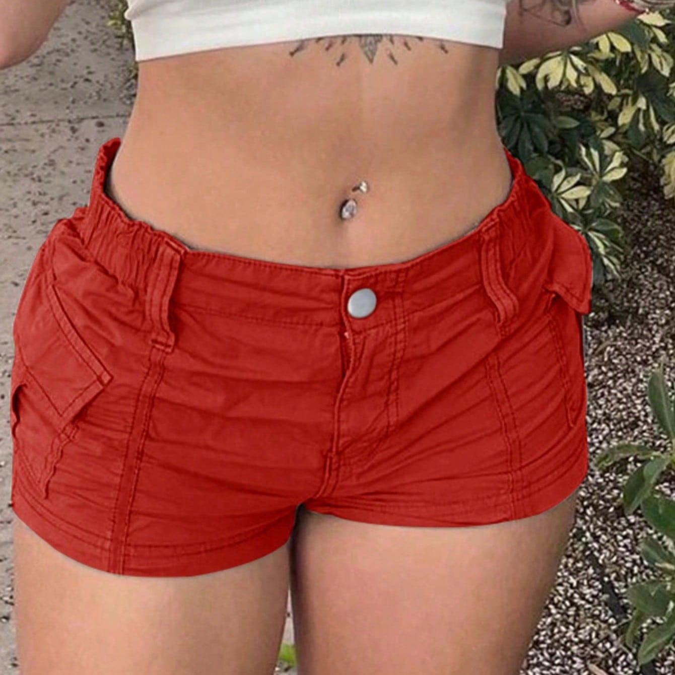 Women's Red High-Waisted Cargo Shorts - Flap Pocket Low-Rise Mini Shorts, Y2K Streetwear & Casual Wear