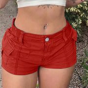 Women's Red High-Waisted Cargo Shorts - Flap Pocket Low-Rise Mini Shorts, Y2K Streetwear & Casual Wear