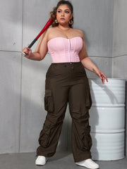 Women's Brown Cargo Pants with Multiple Pockets, Loose Fit Casual Streetwear Trousers