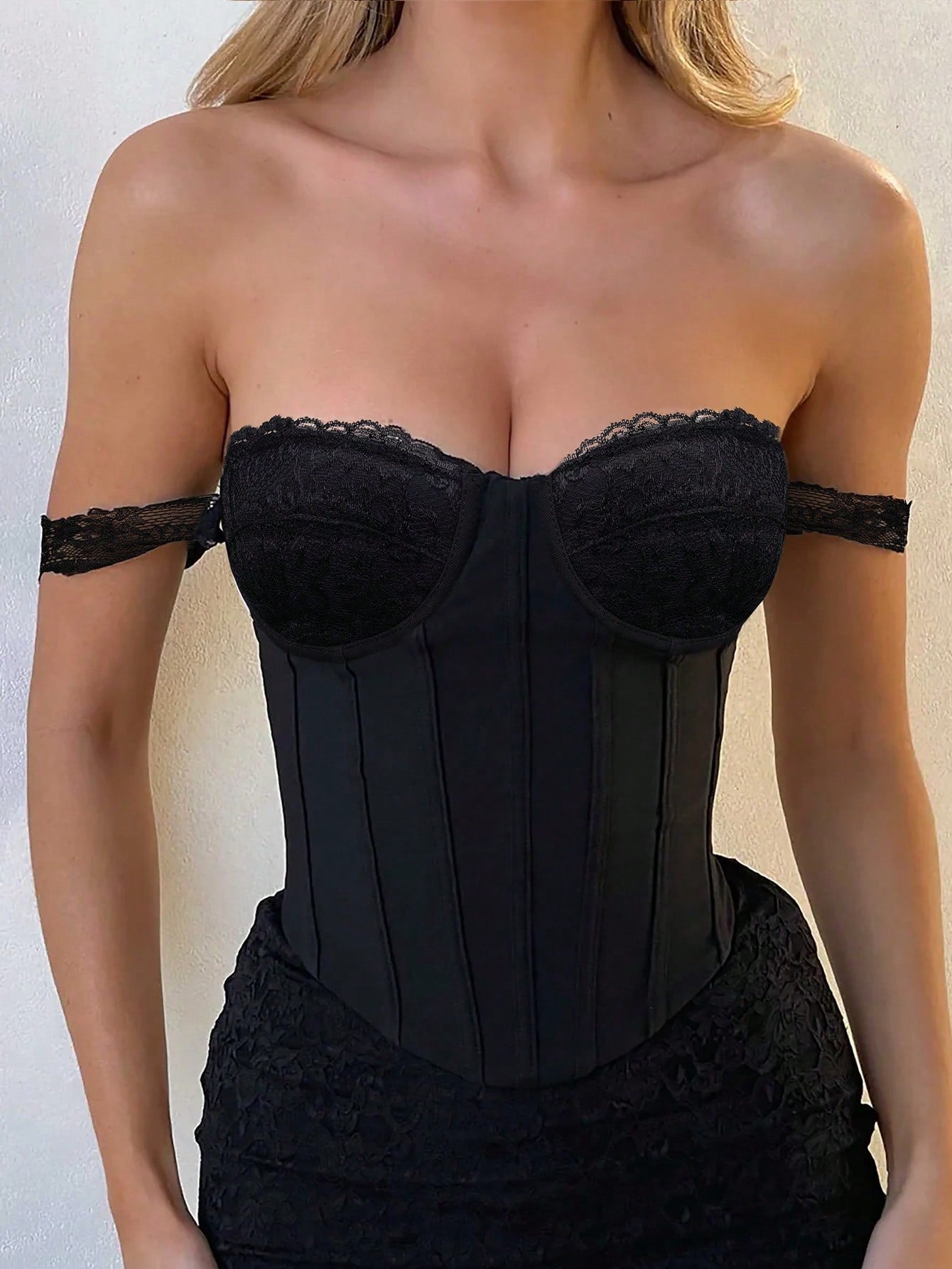 Black Off Shoulder Lace Trim Boned Corset Bodycon Mini Dress
