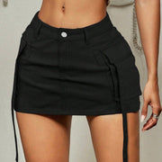 Women's Multi-Color Denim Cargo Mini Skirt - High-Waisted Wrap Skirt with Side Tie Straps, Y2K Streetwear & Casual Summer Wear