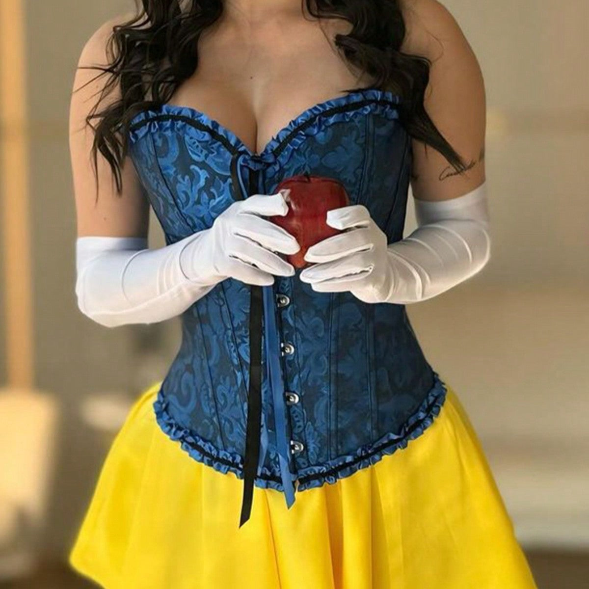 Women's Royal Blue Jacquard Ruffle Trim Overbust Corset Bustier