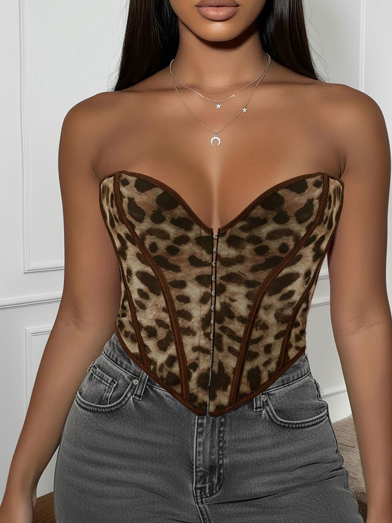 Women's Leopard Print Boned Corset Top with Hook and Eye Closure