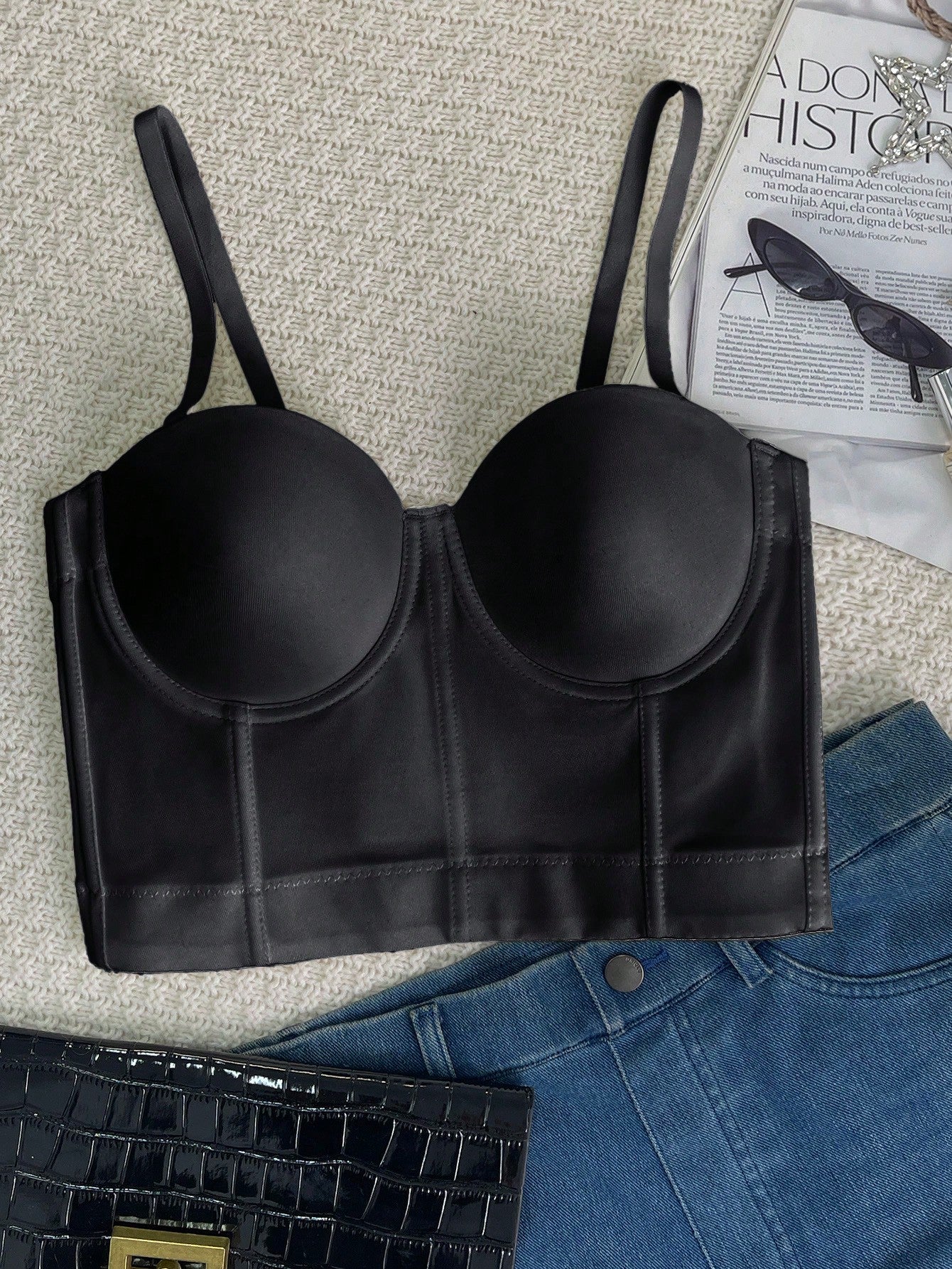 Women's Sexy Black Satin Cami Corset Top Slim Fit Sleeveless Crop Top Wholesale