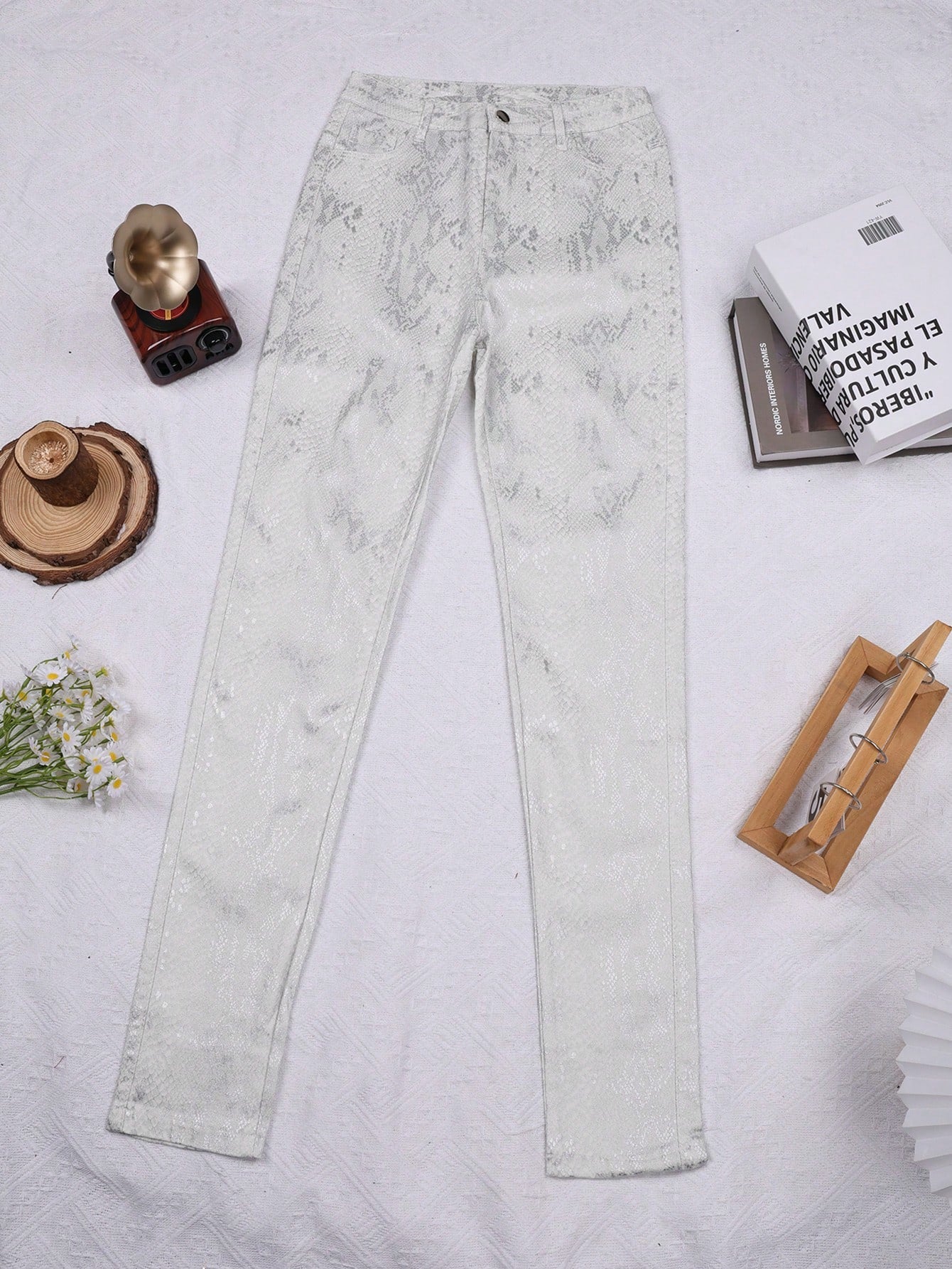 Women's Silver White Polyester Full-length pants with wide-leg