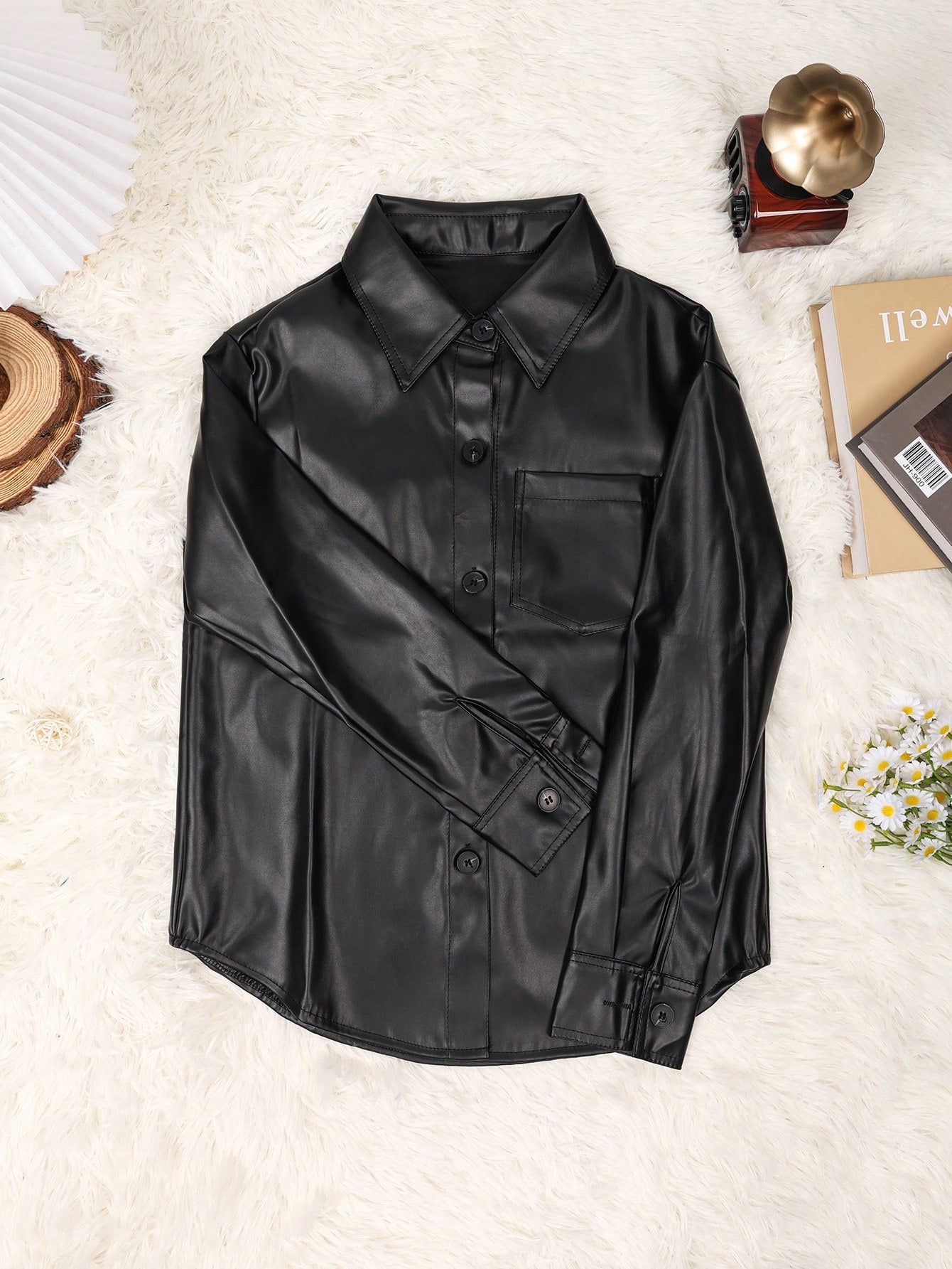 Women's Apperloth Women PU Leather Button Down Shirt Jacket