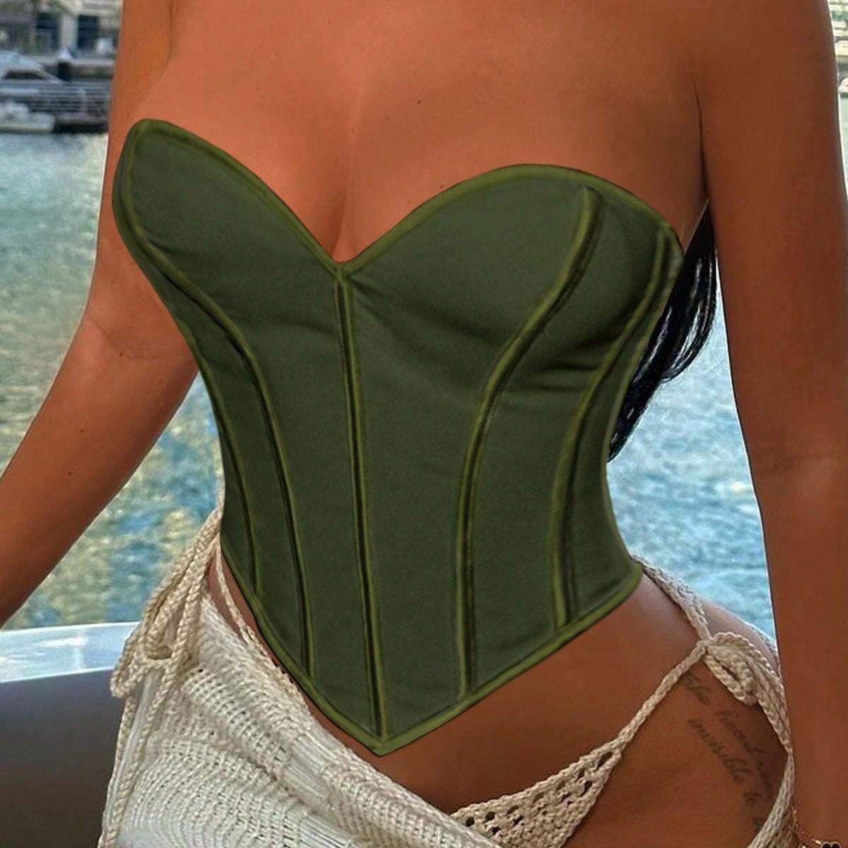 Women's Women Sexy Army Green Satin Corset Top Heart Neck Boned