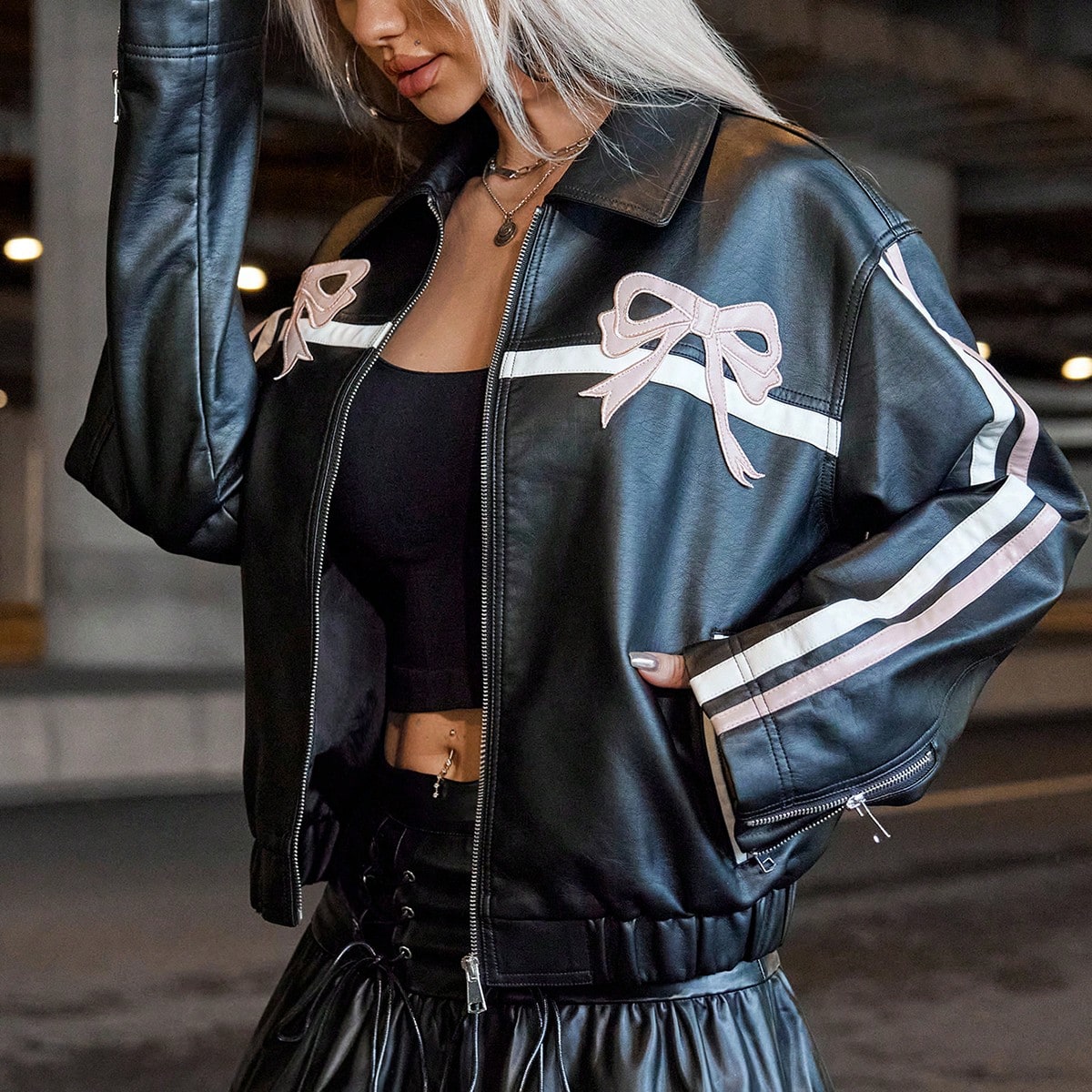 Women's Black PU Leather Bow Graphic Zip-Up Bomber Jacket