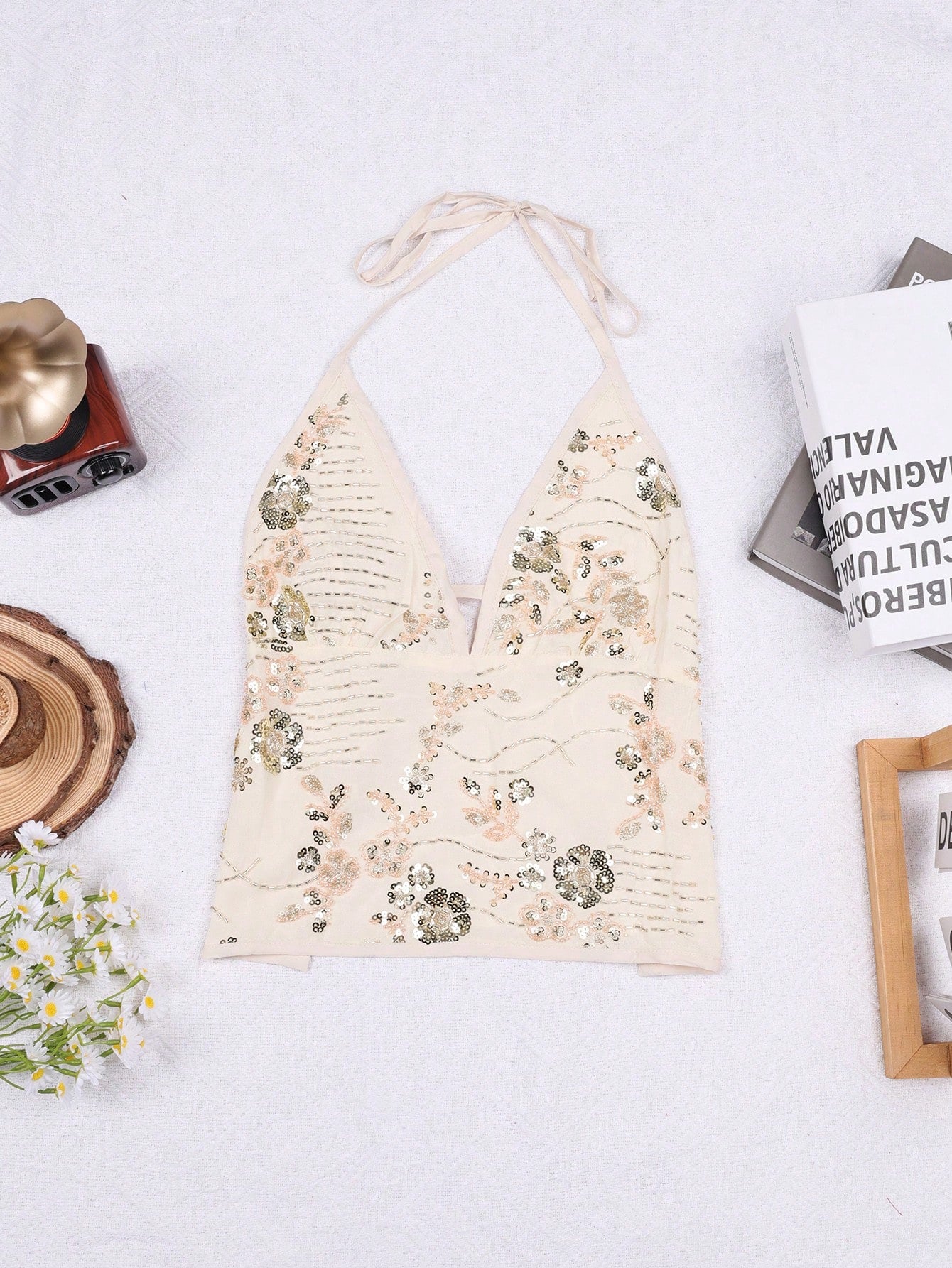 Women's Women Sexy Apricot Floral Sequin Halter Top V Neck Sleeveless Backless Camisole