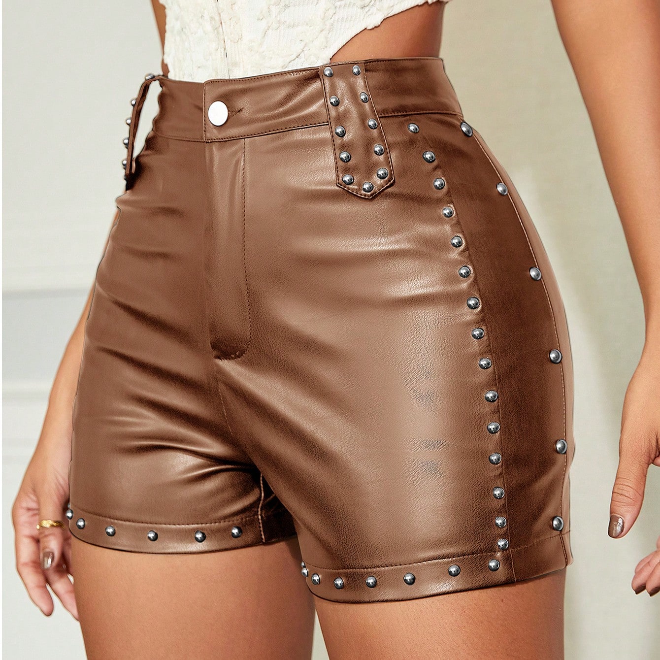 Women's Studded Leather Look High-Waisted Shorts - Slim-Fit Black & Brown Faux Leather Shorts, Edgy Chic Party & Daily Wear