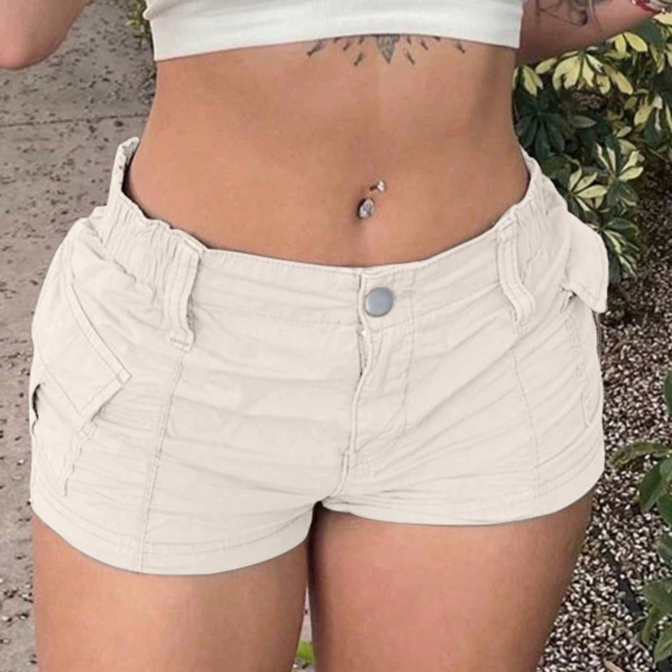 Women's Beige Low Rise Ruched Cargo Micro Shorts