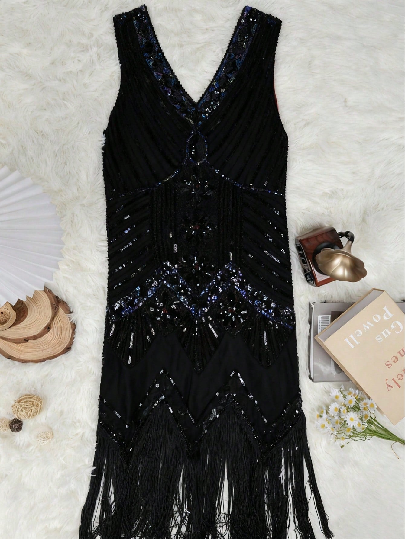 Women's Black Polyester Blend Sleek Mini Dress with V-Neck